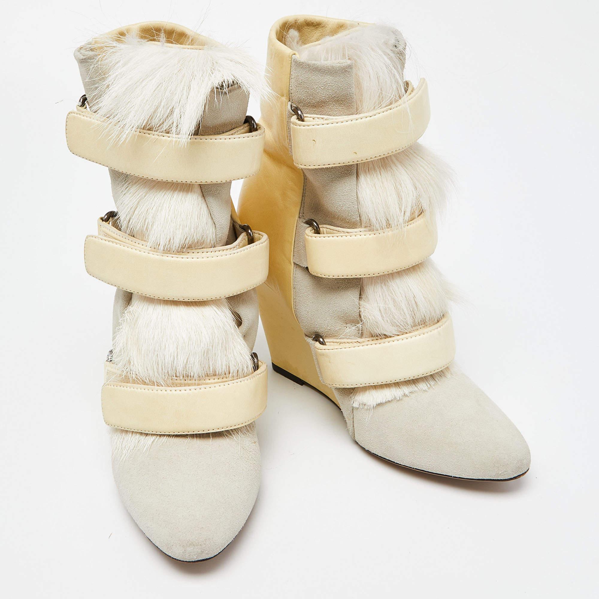 Women's Isabel Marant Tricolor Leather and Calf Hair Pierce Wedge Ankle Boots Size 38