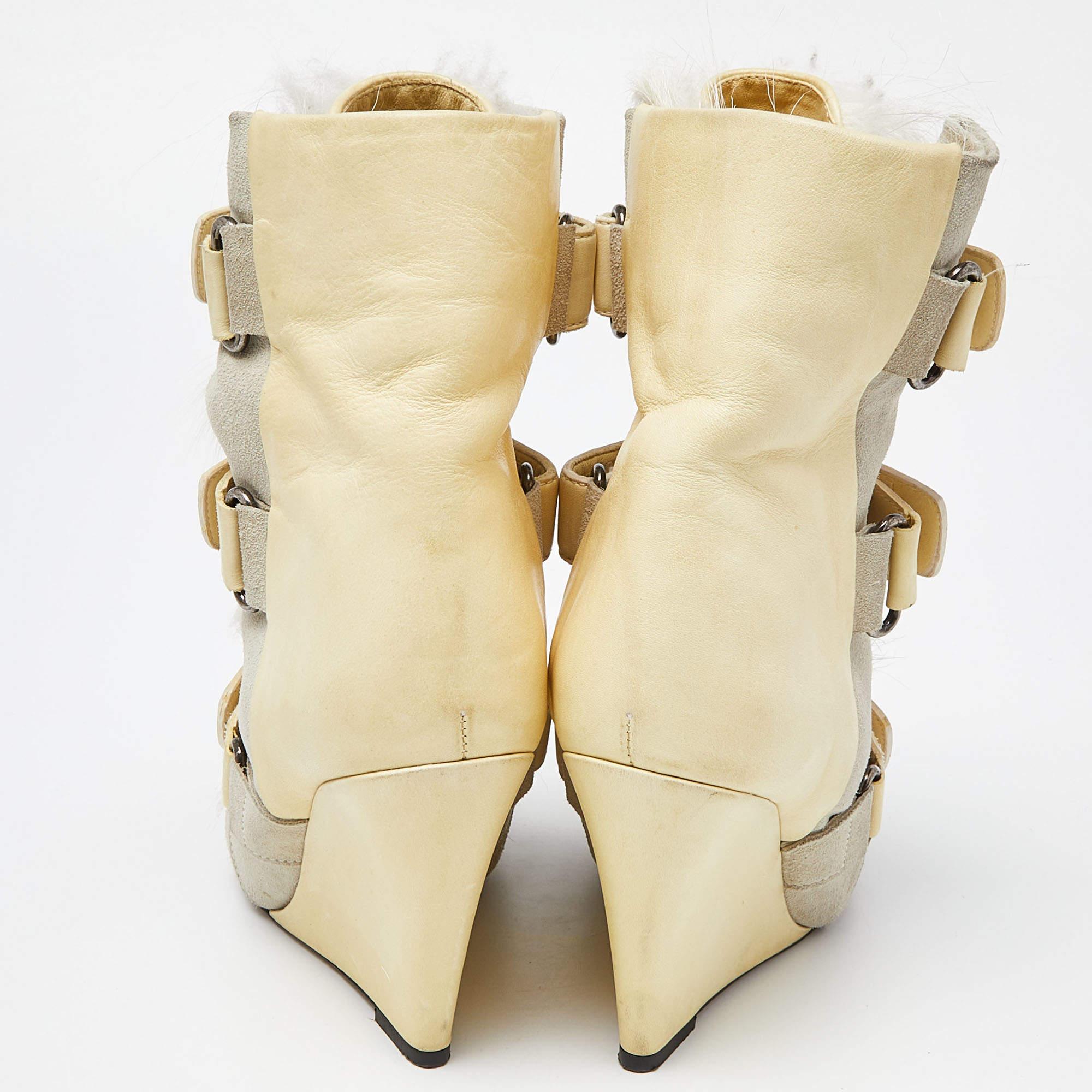 Isabel Marant Tricolor Leather and Calf Hair Pierce Wedge Ankle Boots Size 38 1