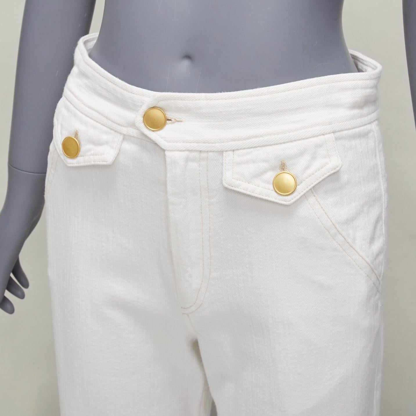 ISABEL MARANT white cotton gold buttons nautical wide crop pants FR36 S
Reference: NKLL/A00209
Brand: Isabel Marant
Material: Cotton
Color: White, Gold
Pattern: Solid
Closure: Button
Extra Details: 2 pockets at back.
Made in: