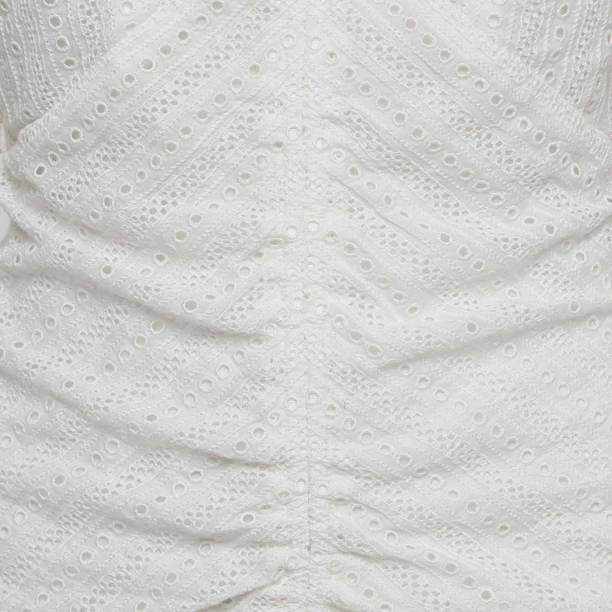 Isabel Marant White Eyelet Cotton Ruched Mini Dress S In Excellent Condition For Sale In Dubai, Al Qouz 2