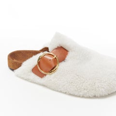 ISABEL MARANT white shearling tan buckle rounded furkenstock mule slipper EU38