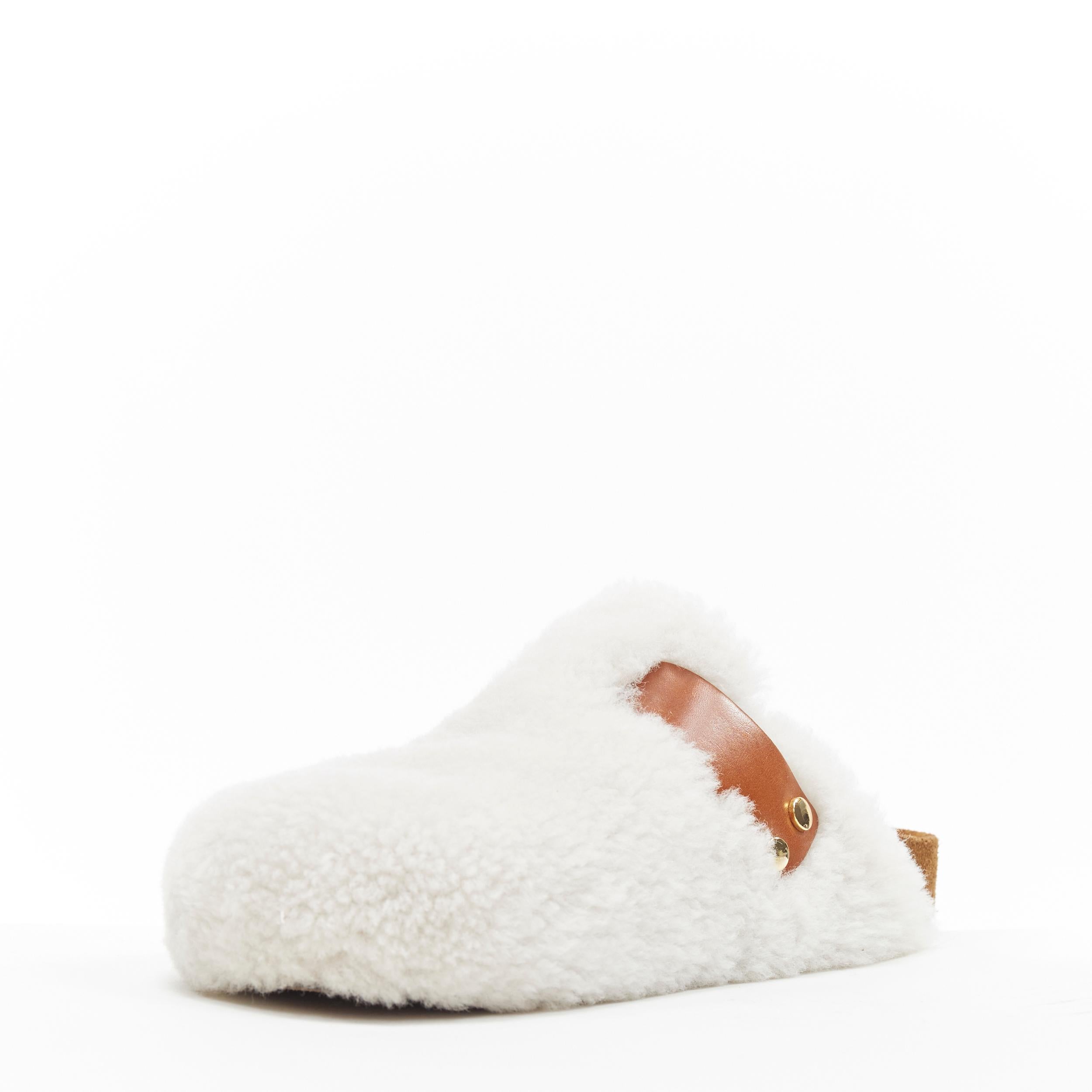 ISABEL MARANT white shearling tan buckle rounded furkenstock mule slipper EU38 1
