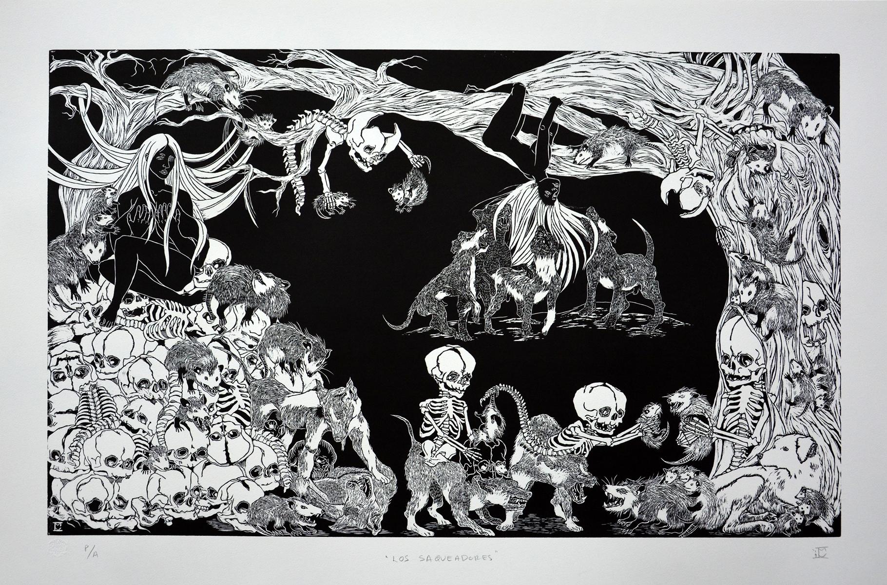 Isabel Mendoza (Mexiko)
'Los saqueadores', 2019
Holzschnitt auf Papier Guarro Biblos 250g.
29,2 x 44,1 Zoll (74 x 112 cm)
ID: MEI-101