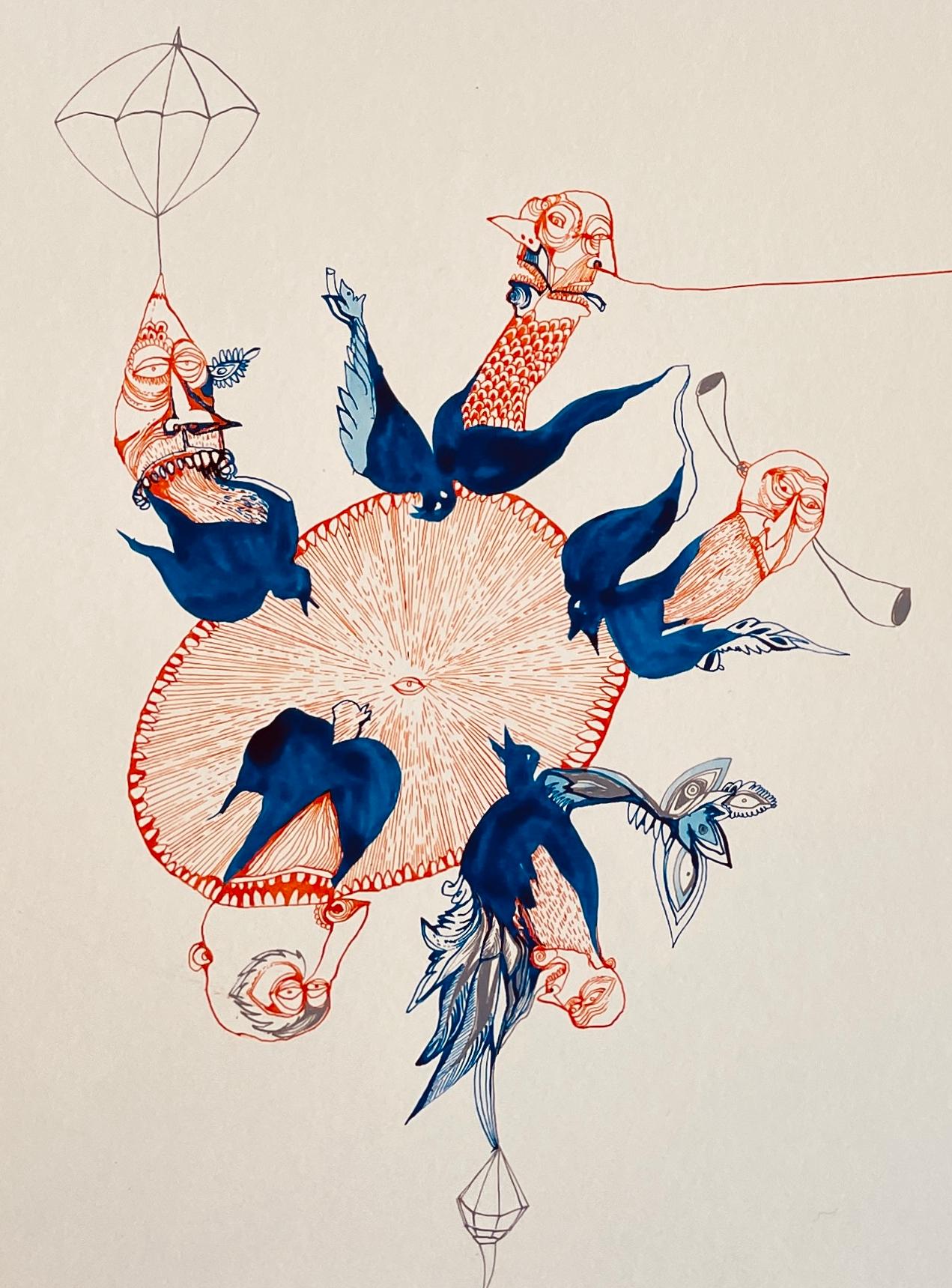 Animal Peinture Surréaliste Royal College of Art Artiste LGBTQ+ Oiseaux Cercle Vie - Painting de Isabel Rock