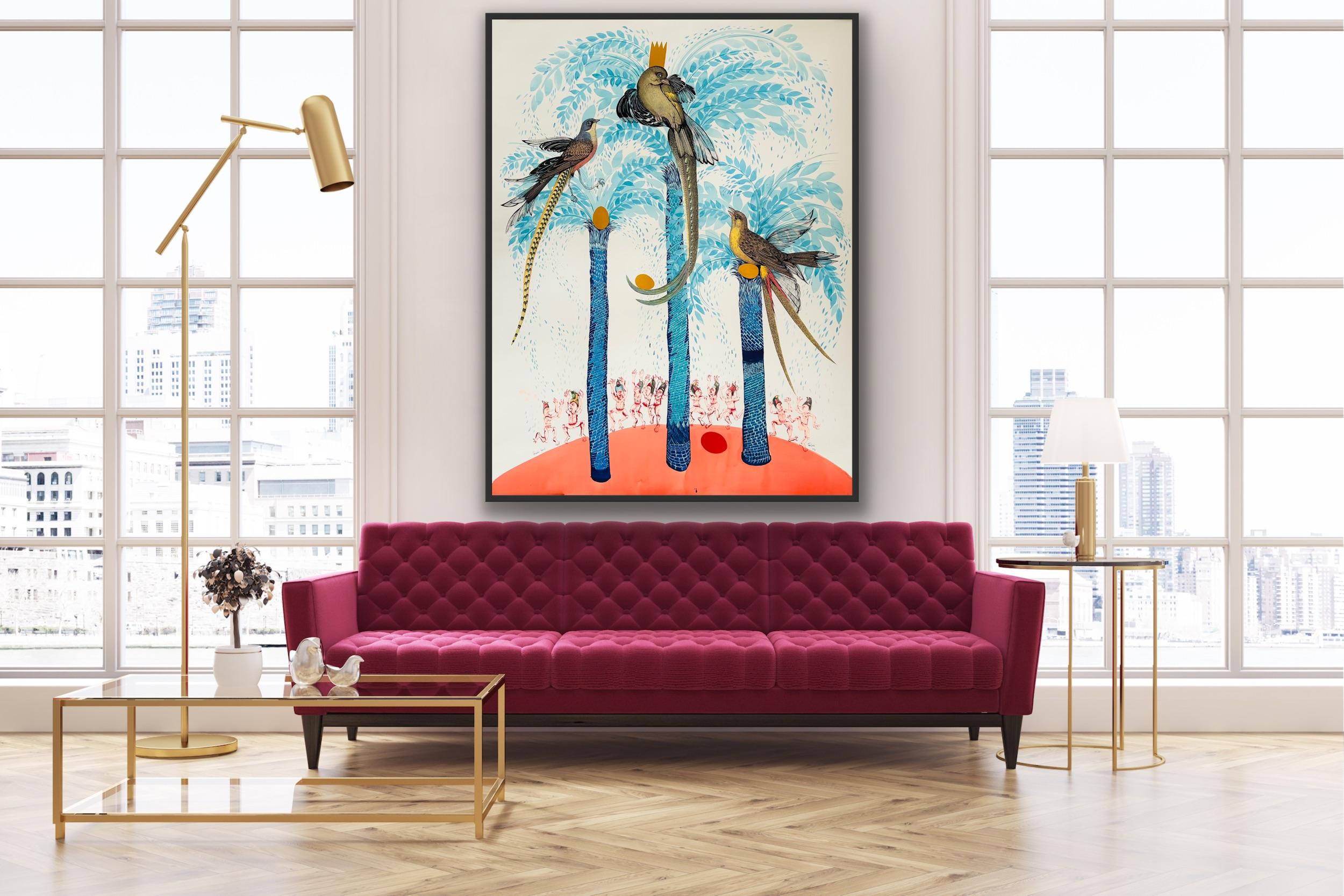  Surrealist Large Painting Royal College Art LGBTQ+ Female Blue Birds Paradise For Sale 13