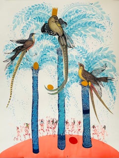 Pintura surrealista de gran tamaño Royal College Art LGBTQ+ Femenino Pájaros azules Paraíso