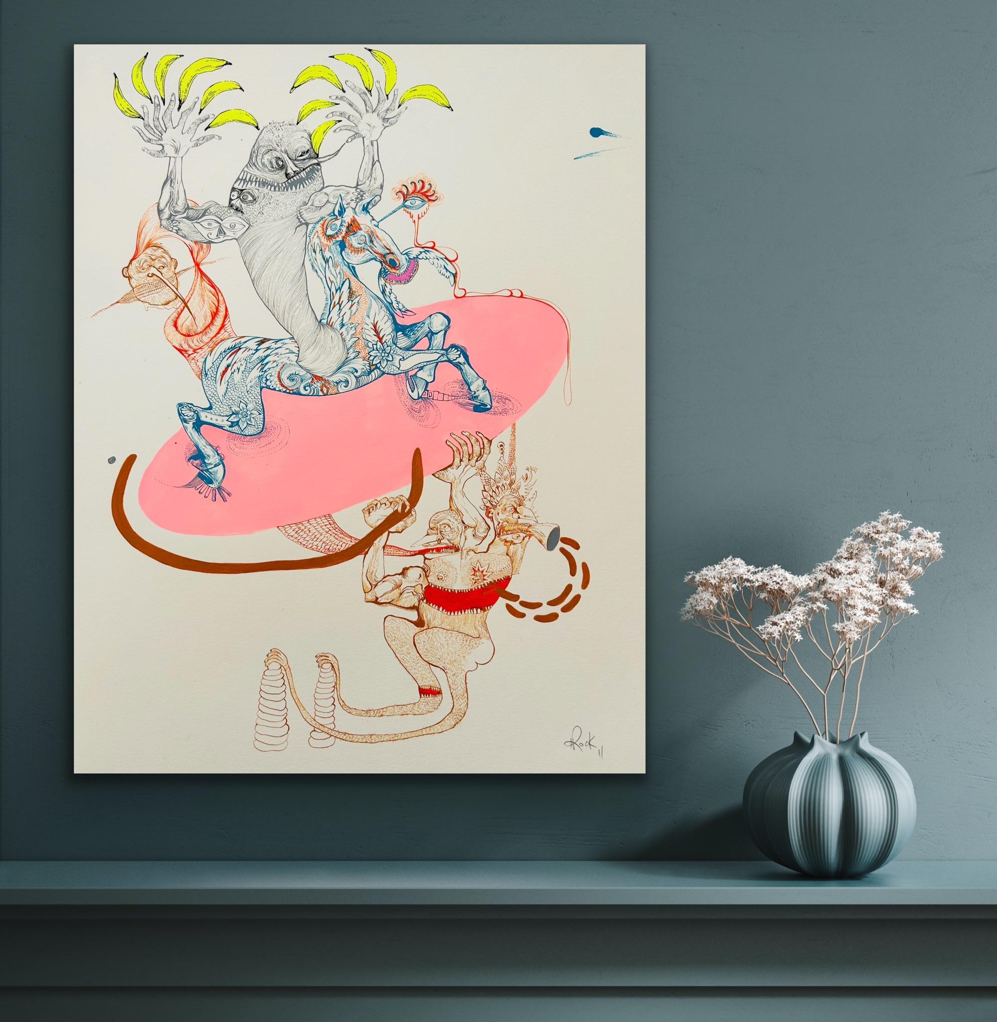  Surrealist Painting Royal College Art LGBTQ+ Female Fun Fair Pink Horse Banana  For Sale 10