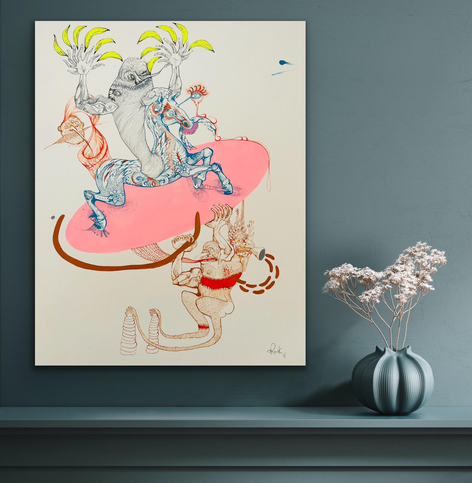 Surrealist Painting Royal College Art LGBTQ+ Female Fun Fair Pink Horse Banana For Sale 8