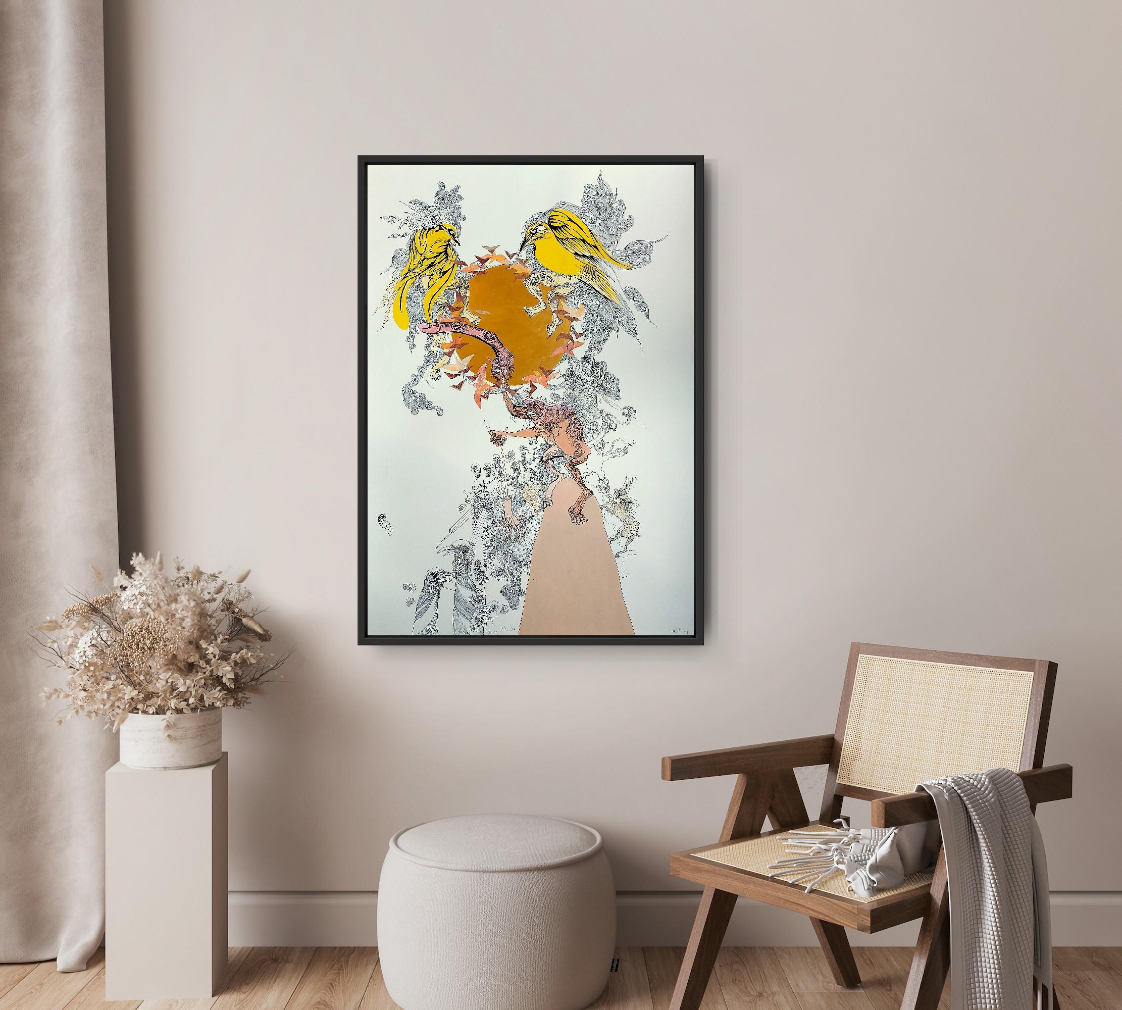 Pintura surrealista de gran tamaño Royal College of Art Artista LGBTQ+ Pájaros Sol de Oro en venta 6