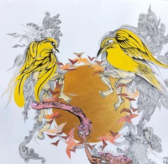 Pintura surrealista de gran tamaño Royal College of Art Artista LGBTQ+ Pájaros Sol de Oro