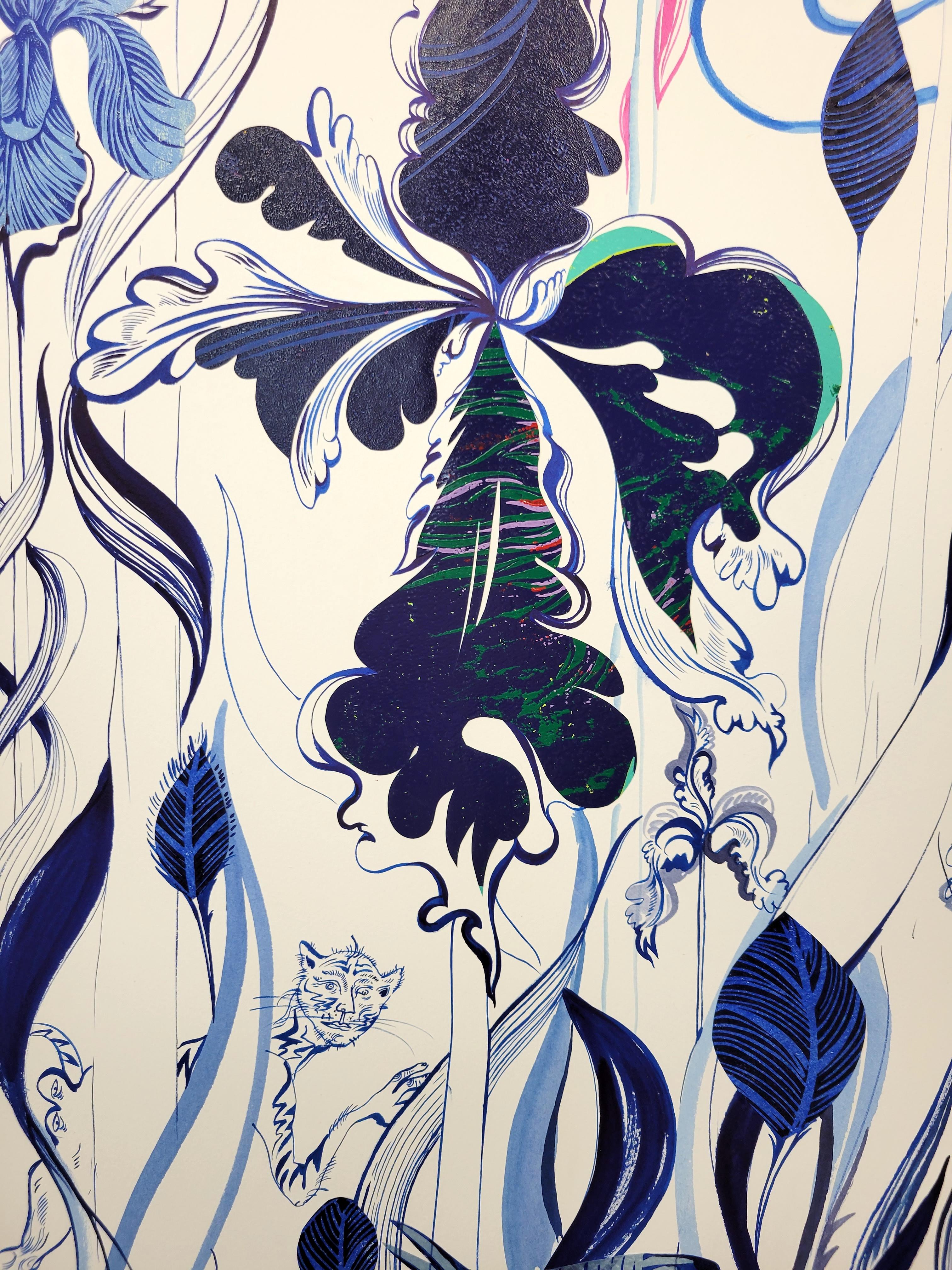 Grande peinture du Royal College of Art LGBTQ+ Artist Cat Blue Flowers en vente 8