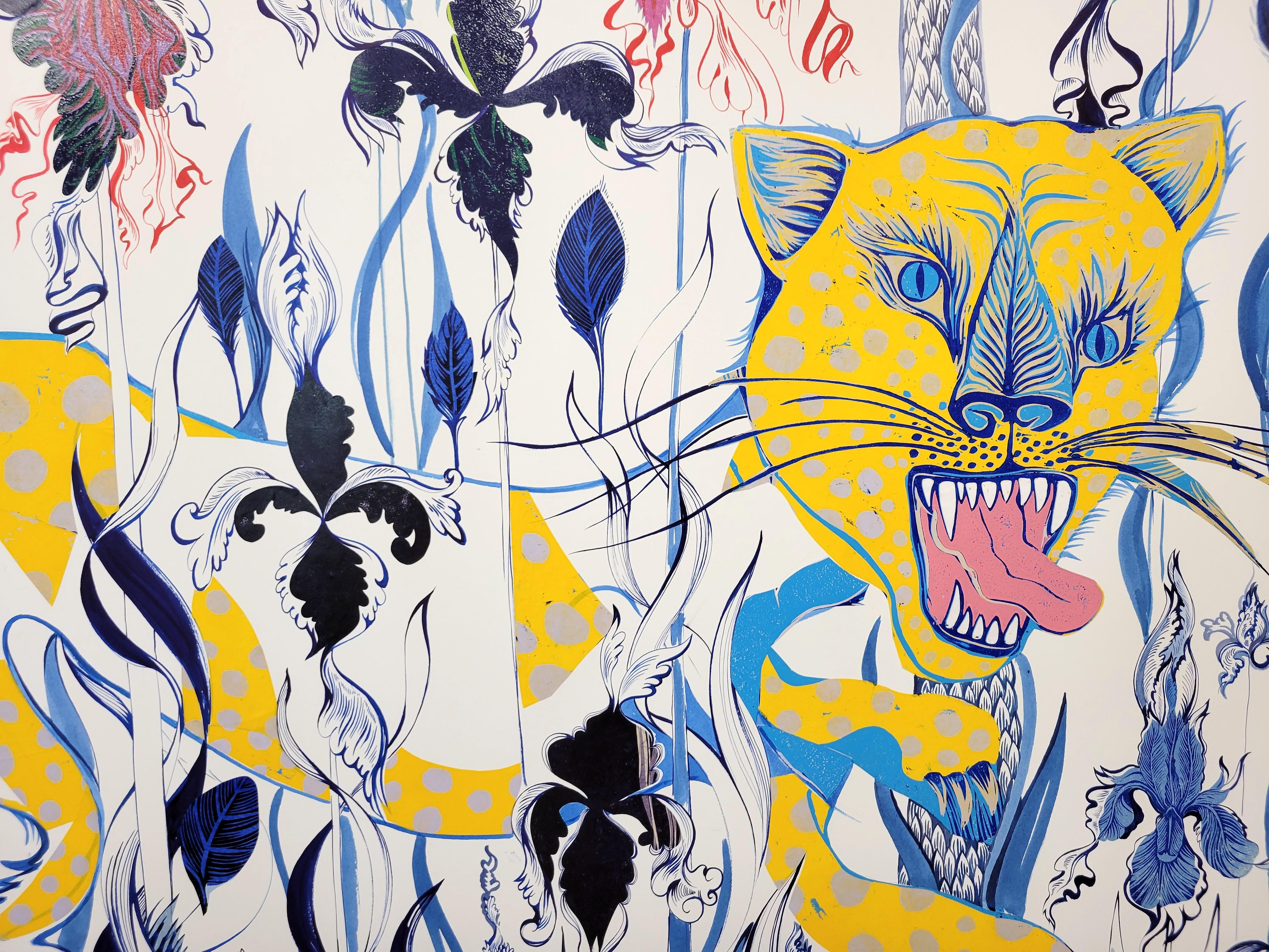 Grande peinture du Royal College of Art LGBTQ+ Artist Cat Blue Flowers en vente 10
