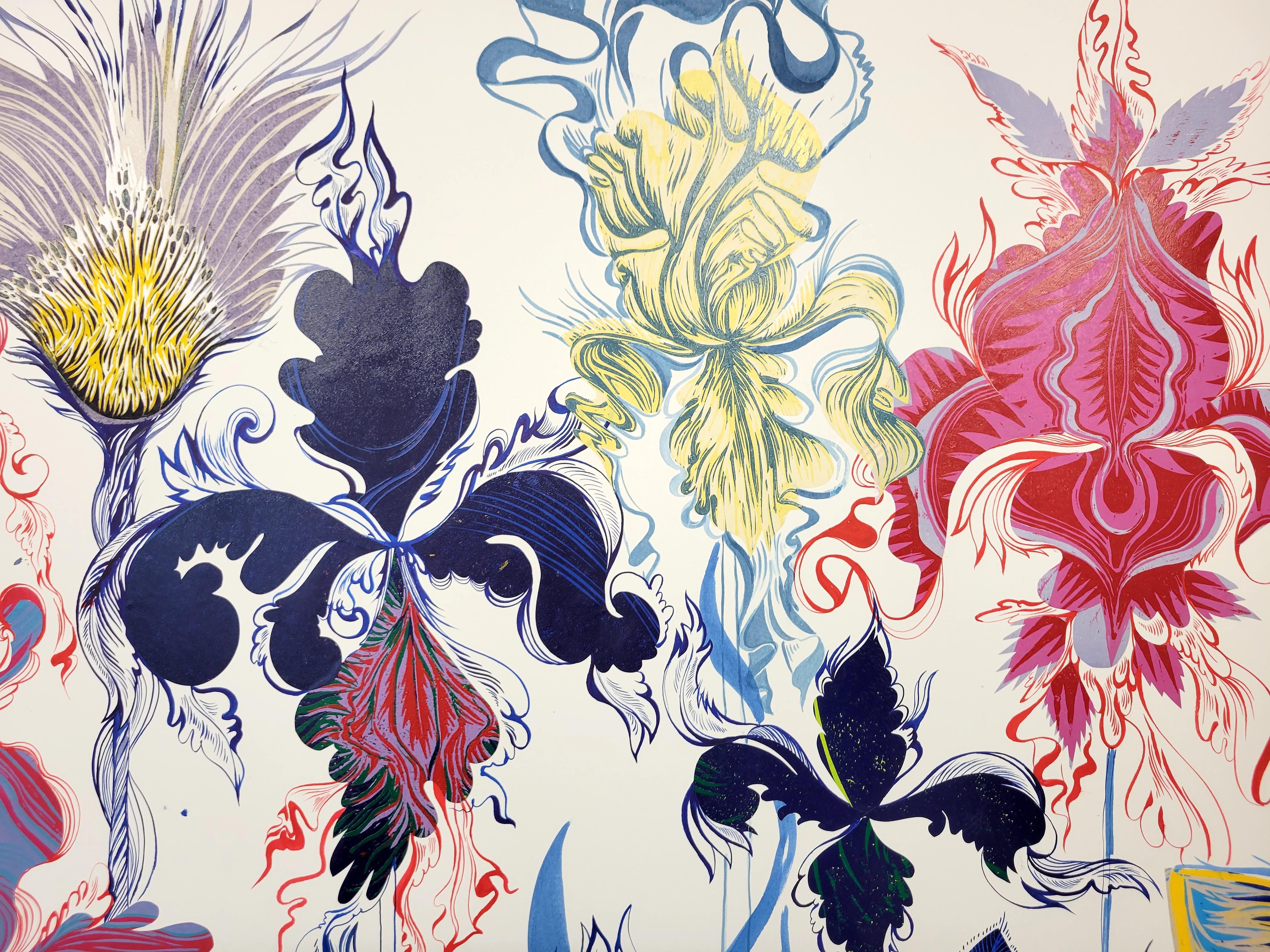Grande peinture du Royal College of Art LGBTQ+ Artist Cat Blue Flowers en vente 12