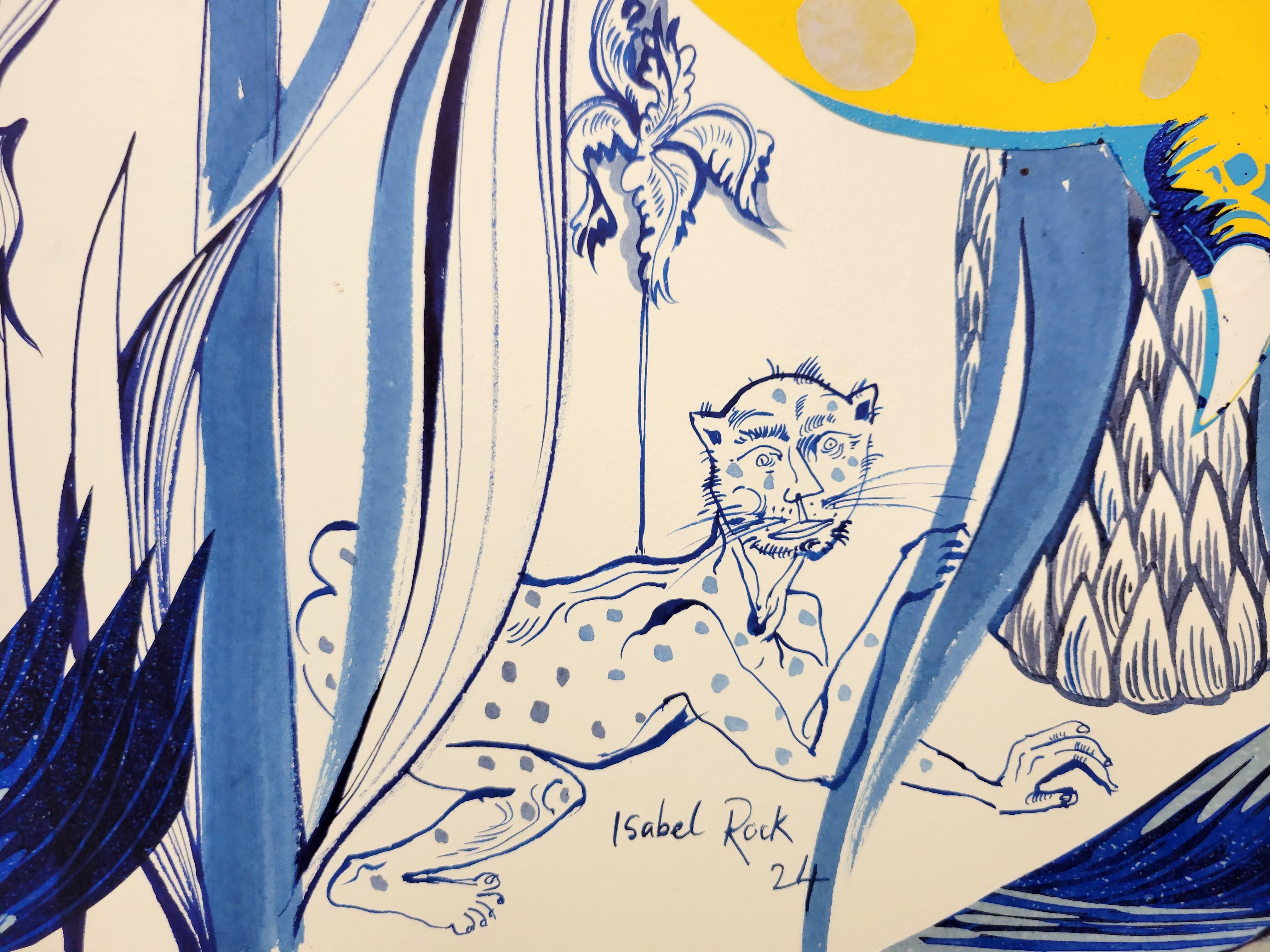 Grande peinture du Royal College of Art LGBTQ+ Artist Cat Blue Flowers en vente 2