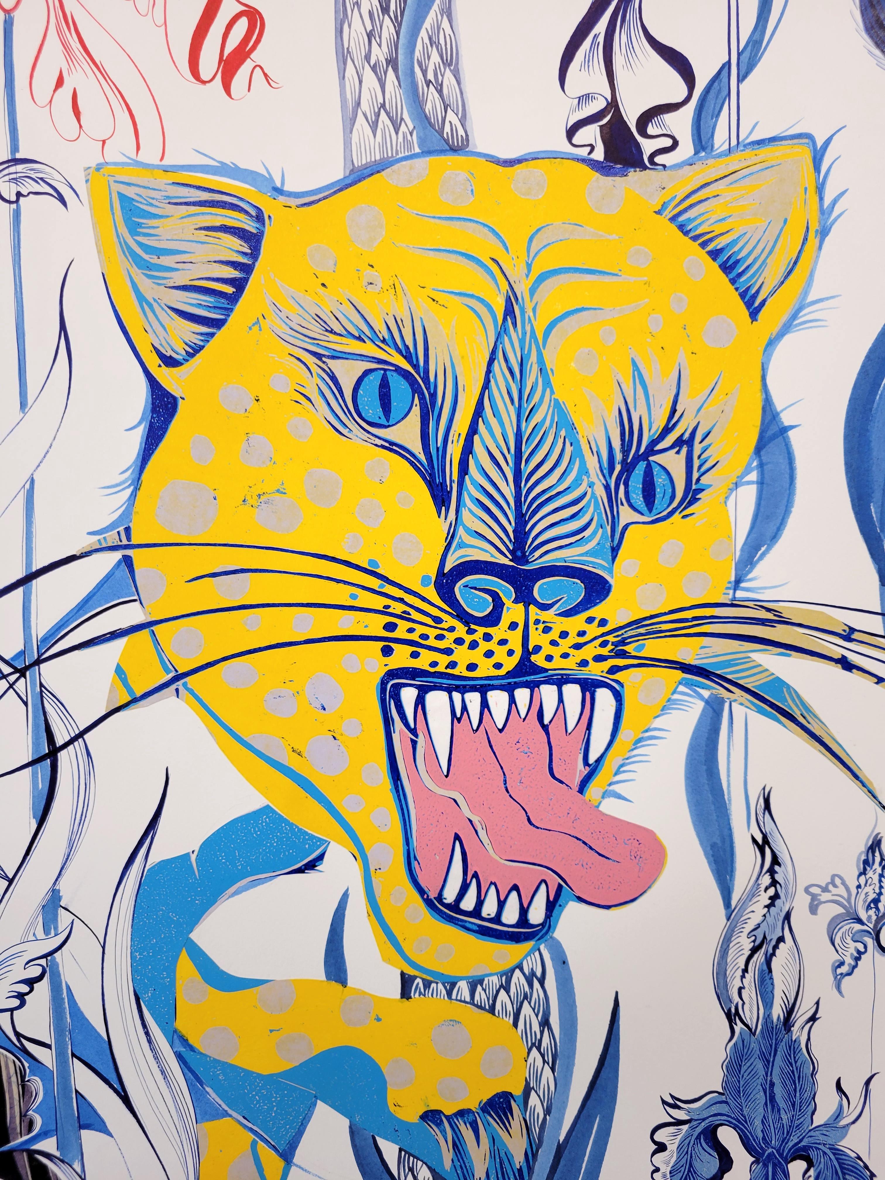 Grande peinture du Royal College of Art LGBTQ+ Artist Cat Blue Flowers en vente 3