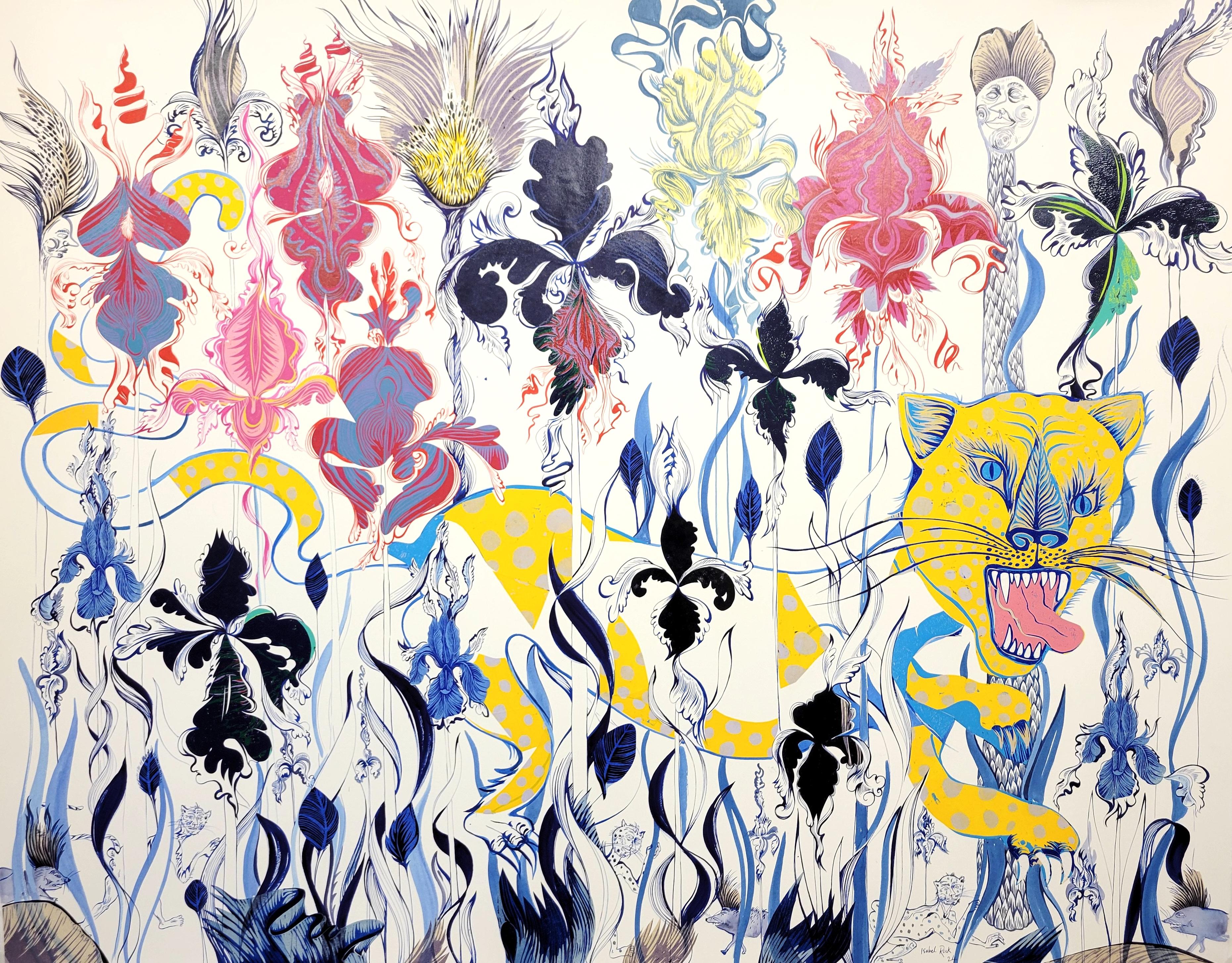 Surrealistisches großes Gemälde, Royal College of Art LGBTQ+ Künstler, Katzenblaue Blumen, großes Gemälde