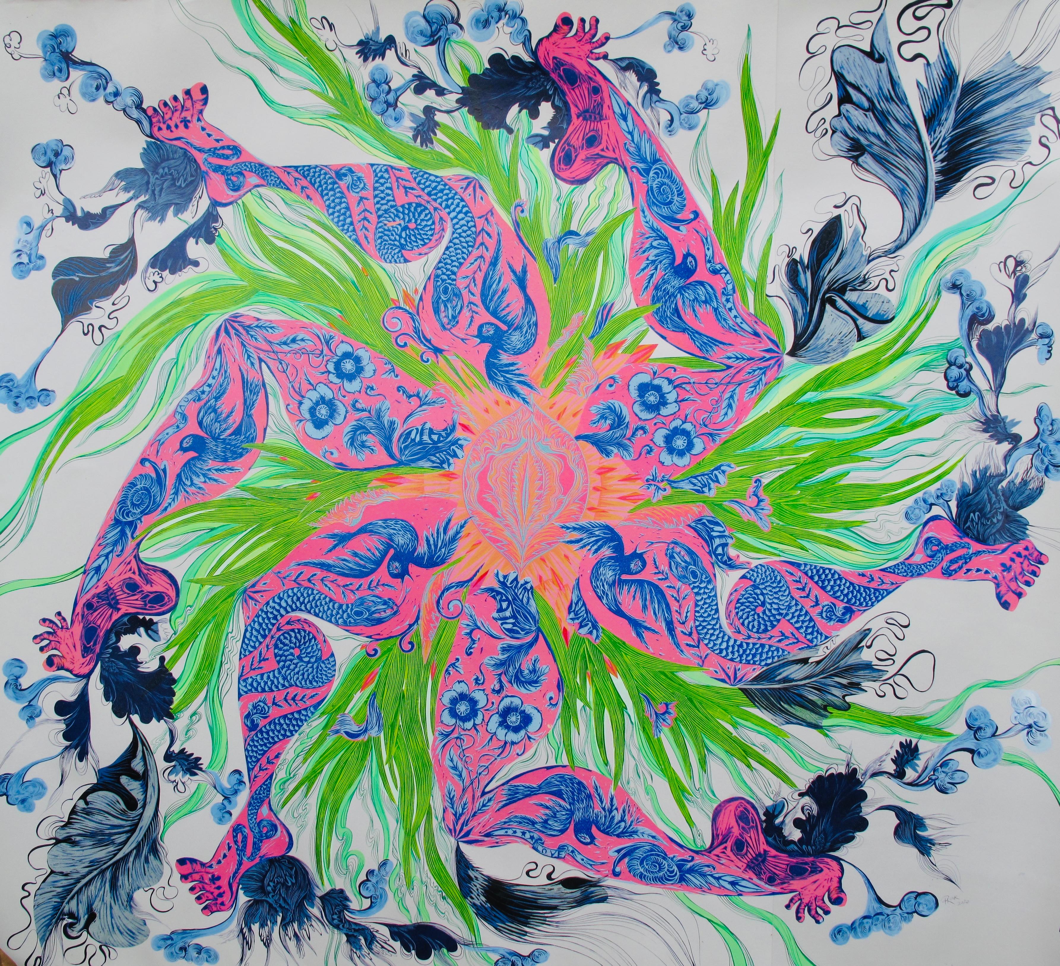 Isabel Rock Figurative Art –  Surrealistisches großes Gemälde, großes Gemälde, Royal College of Art LGBTQ+, weibliche Künstlerin, blau-rosa 