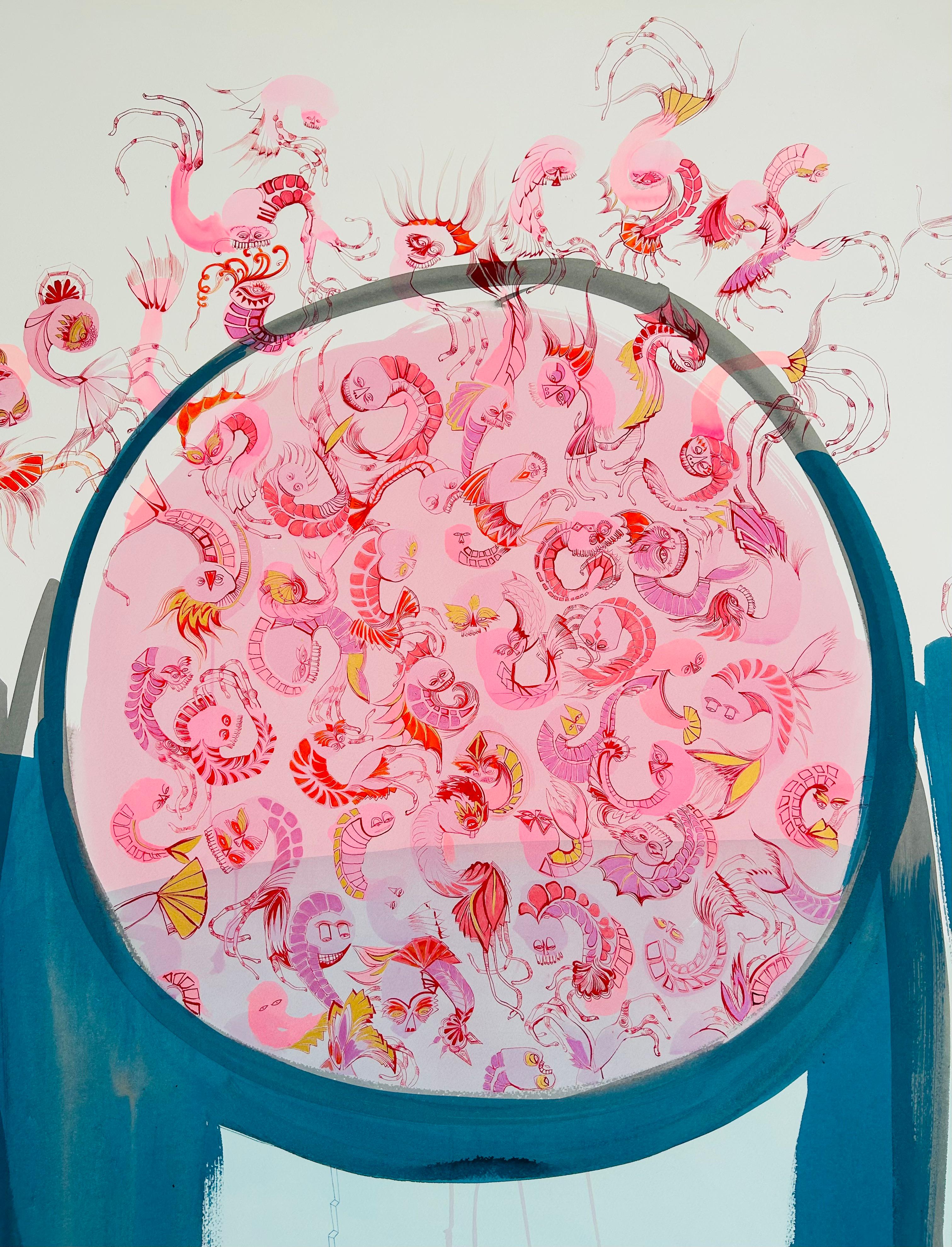  Grande peinture surréaliste du Royal College of Art LGBTQ+ Peinture d'une artiste féminine rose Prawns en vente 5