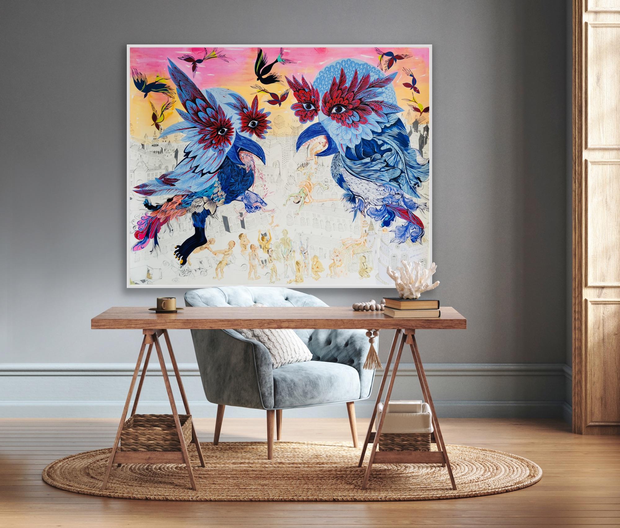 Surrealist Large Painting Royal College of Art LGBTQ+ Female Birds Eating Men For Sale 8