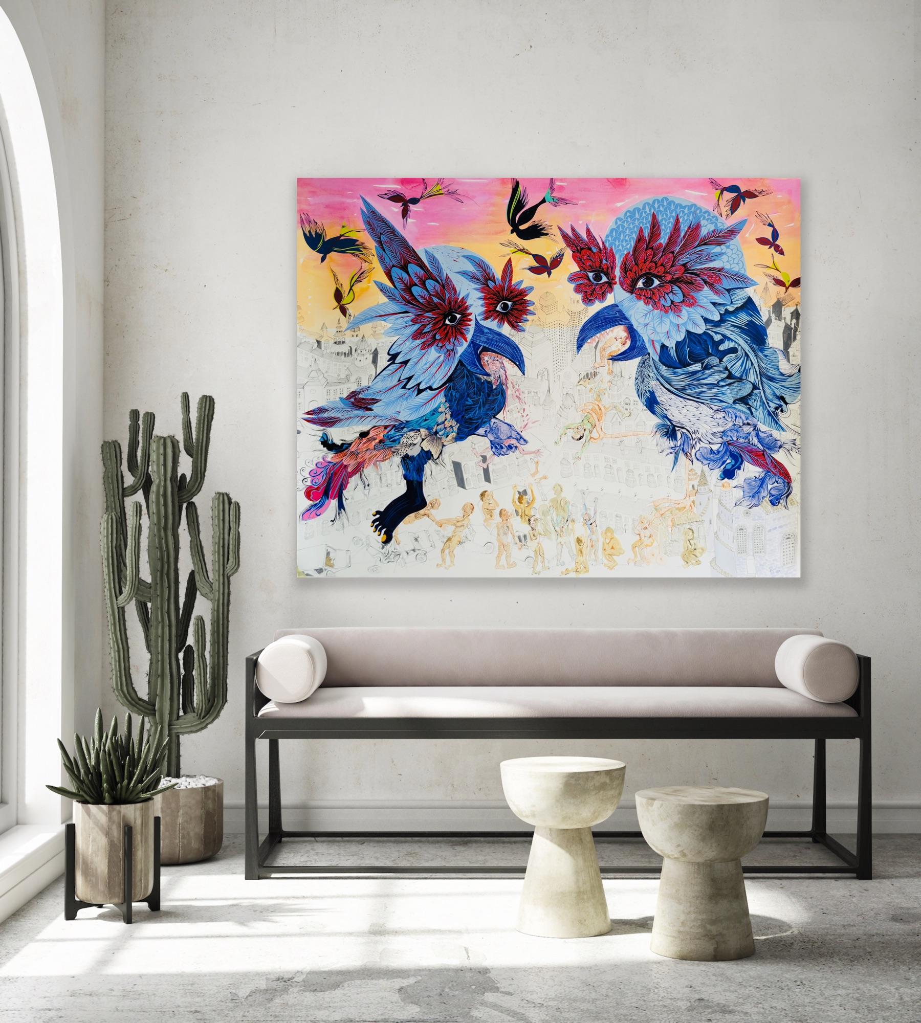 Surrealist Large Painting Royal College of Art LGBTQ+ Female Birds Eating Men For Sale 7