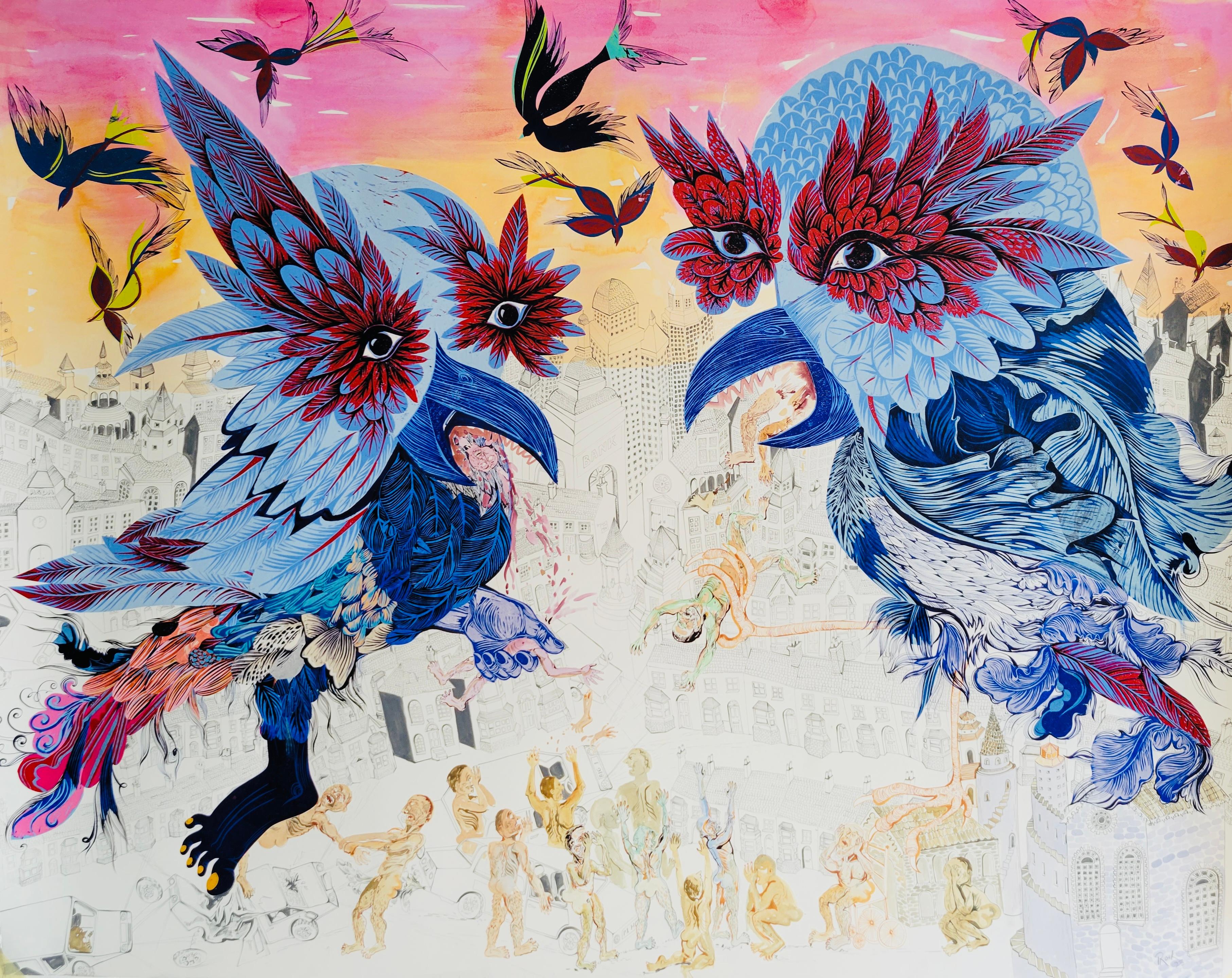 Isabel Rock Figurative Painting - Surrealist Large Painting Royal College of Art LGBTQ+ Female Birds Eating Men