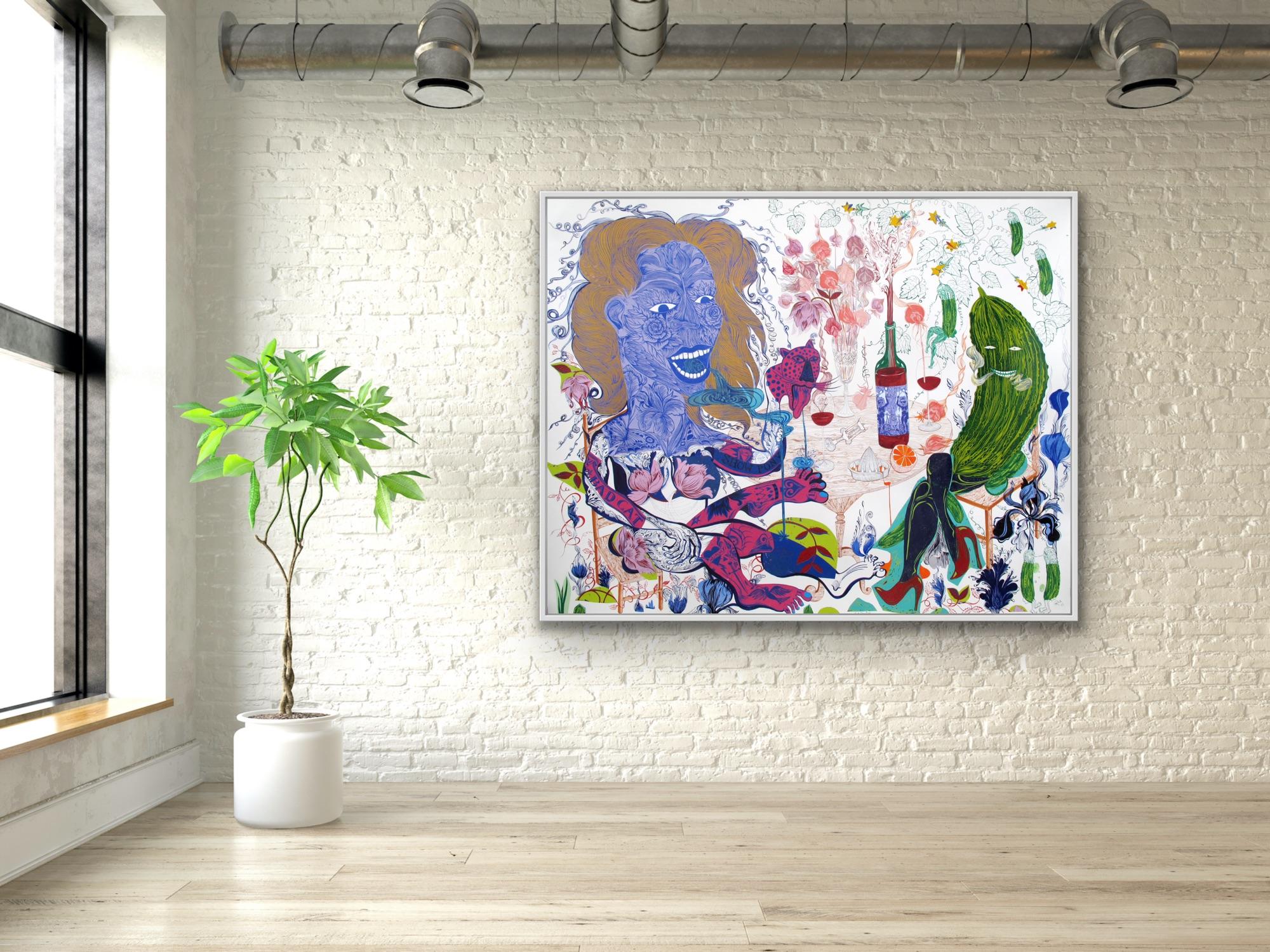 Surrealist Large Painting Royal College of Art LGBTQ+ Female Blue Green Bust Cat For Sale 12