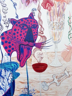 Pintura surrealista de gran tamaño Royal College of Art LGBTQ+ Mujer Azul Verde Busto Gato