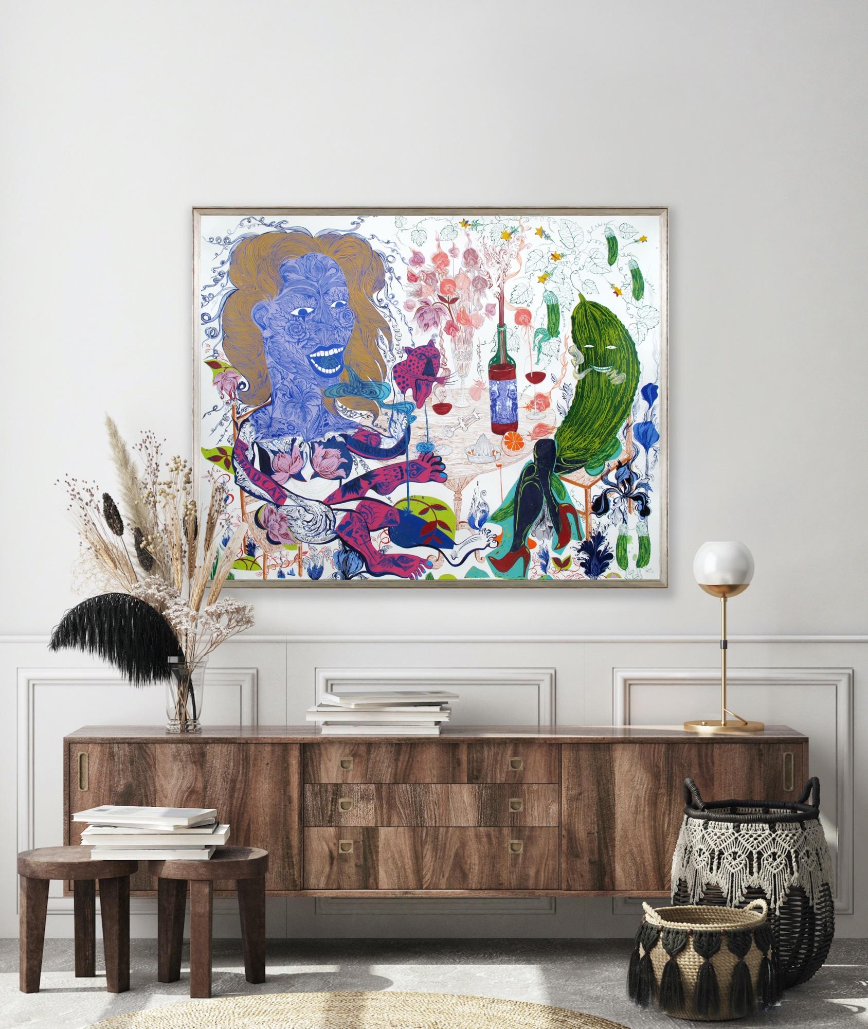 Surrealist Large Painting Royal College of Art LGBTQ+ Female Blue Green Bust Cat For Sale 14