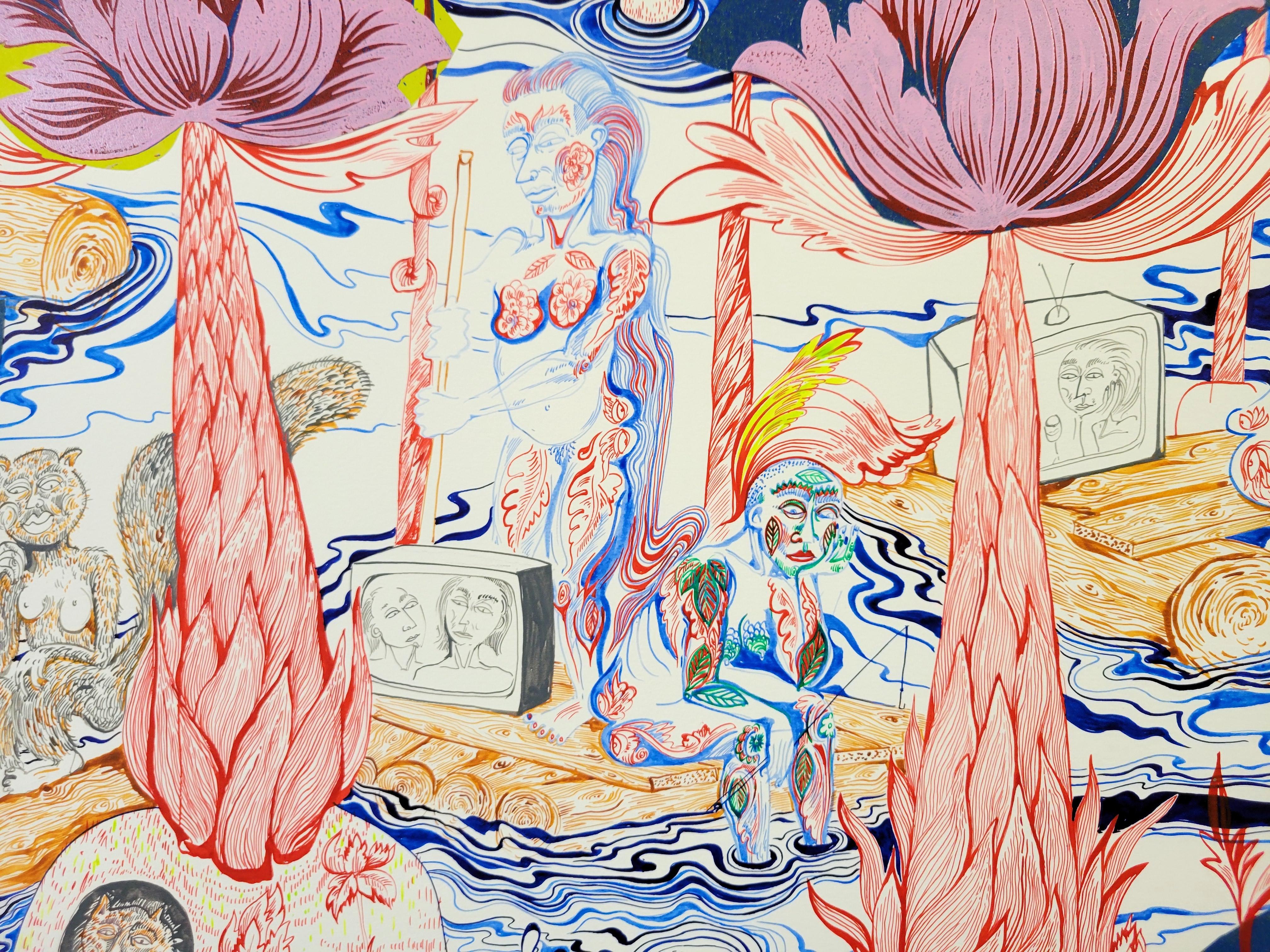 Surrealist Large Painting Royal College of Art LGBTQ+ Female Blue Green Water - Gray Figurative Painting by Isabel Rock