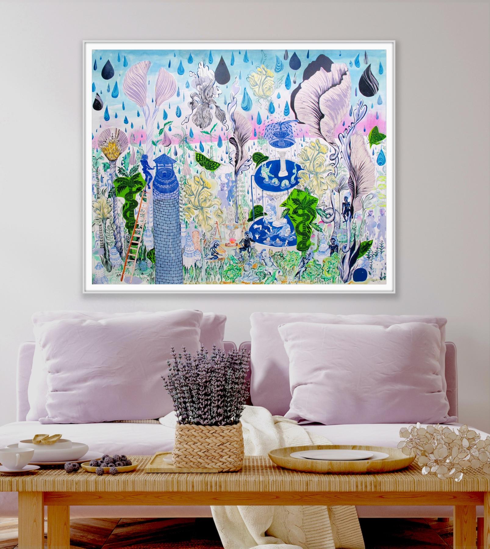 Grande peinture surréaliste du Royal College of Art LGBTQ+ Aquarelle bleue et verte pour femmes en vente 15