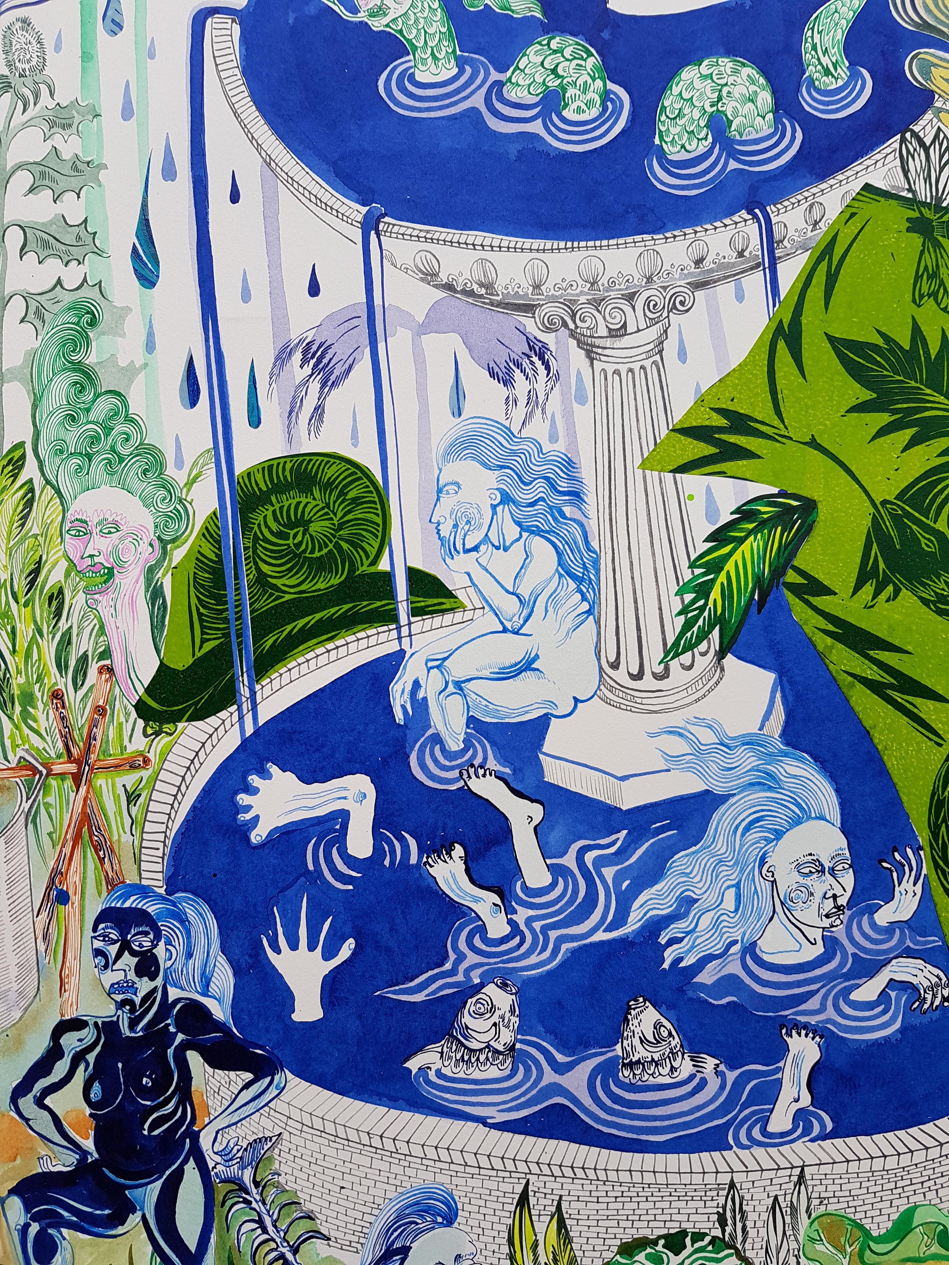 Grande peinture surréaliste du Royal College of Art LGBTQ+ Aquarelle bleue et verte pour femmes en vente 4