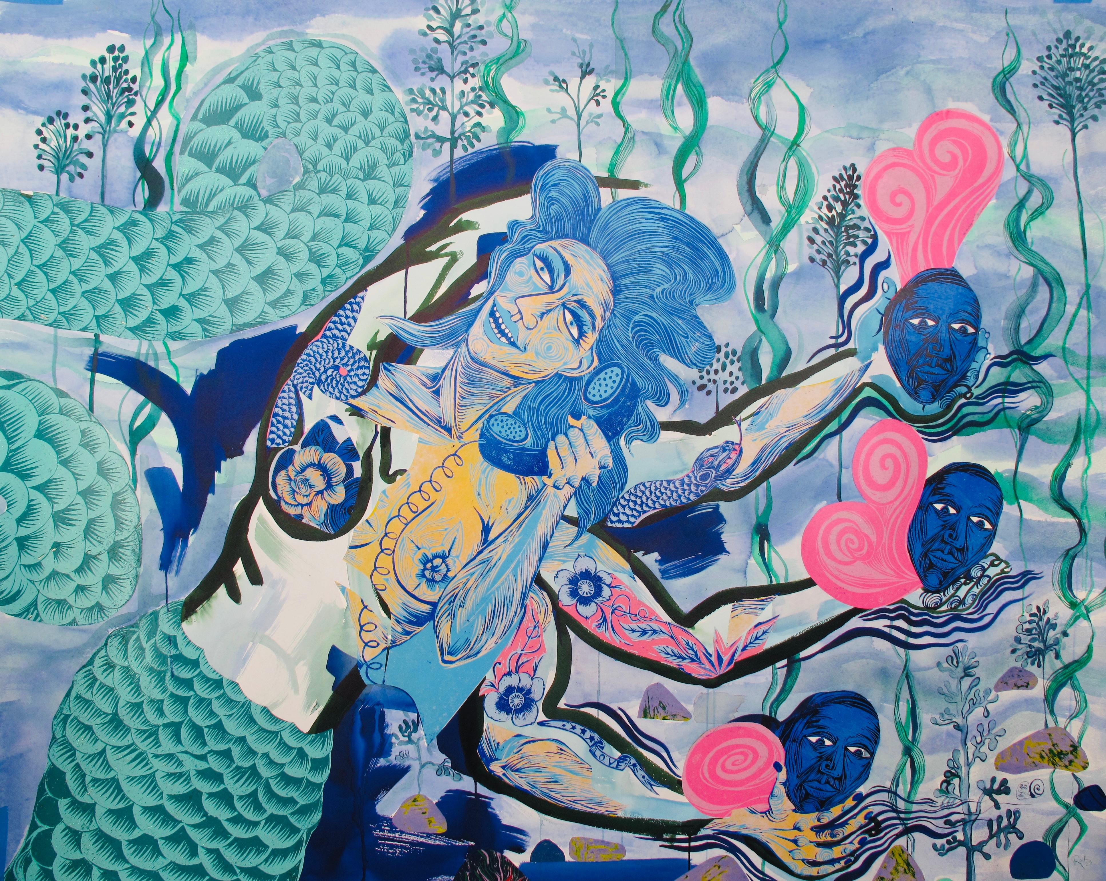 Figurative Painting Isabel Rock - Grande peinture du Royal College of Art LGBTQ+ Femme bleue de l'eau