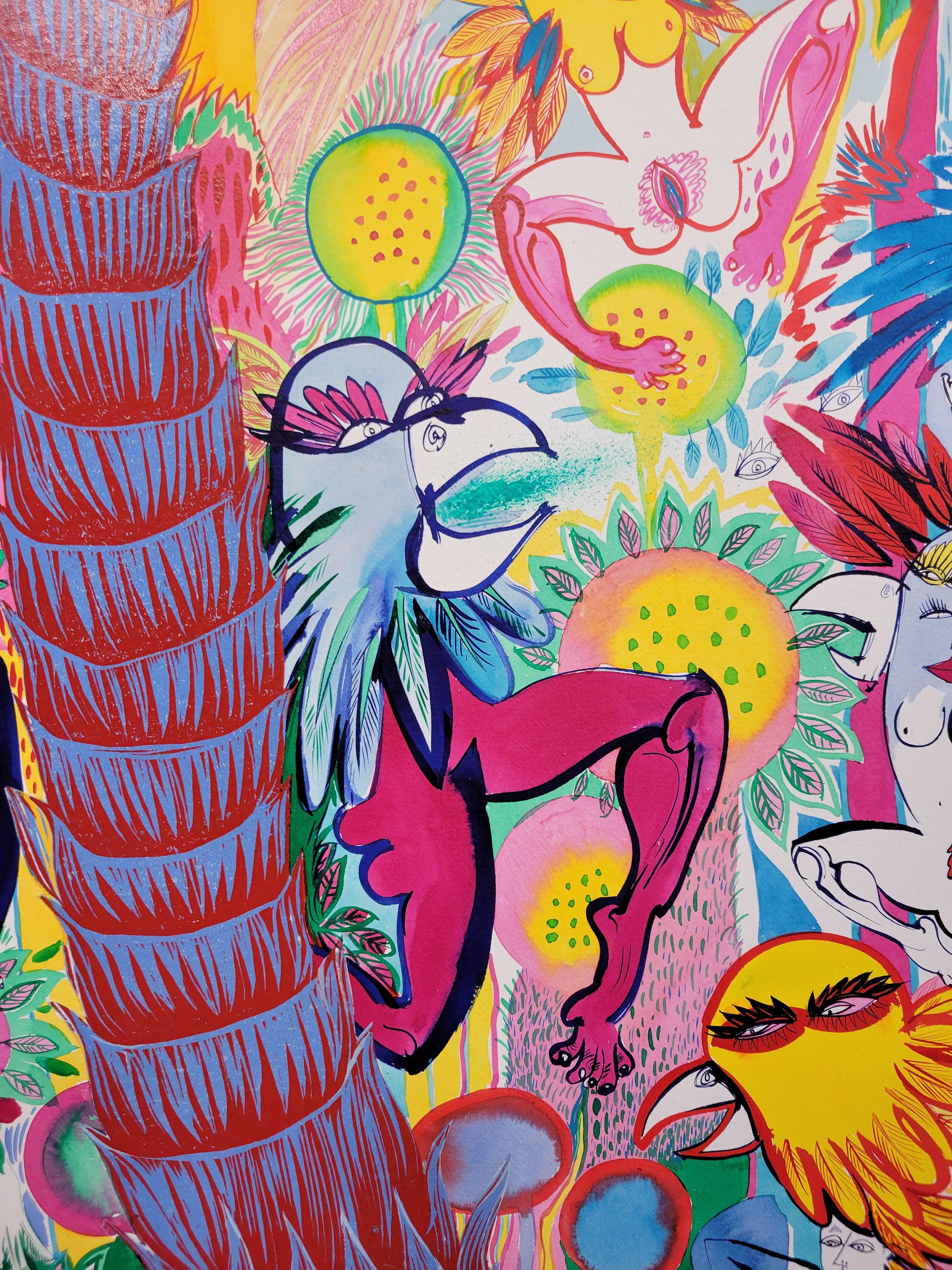 Surrealista Pintura grande Royal College of Art LGBTQ+ Femenino Mariquitas Árboles - Painting de Isabel Rock