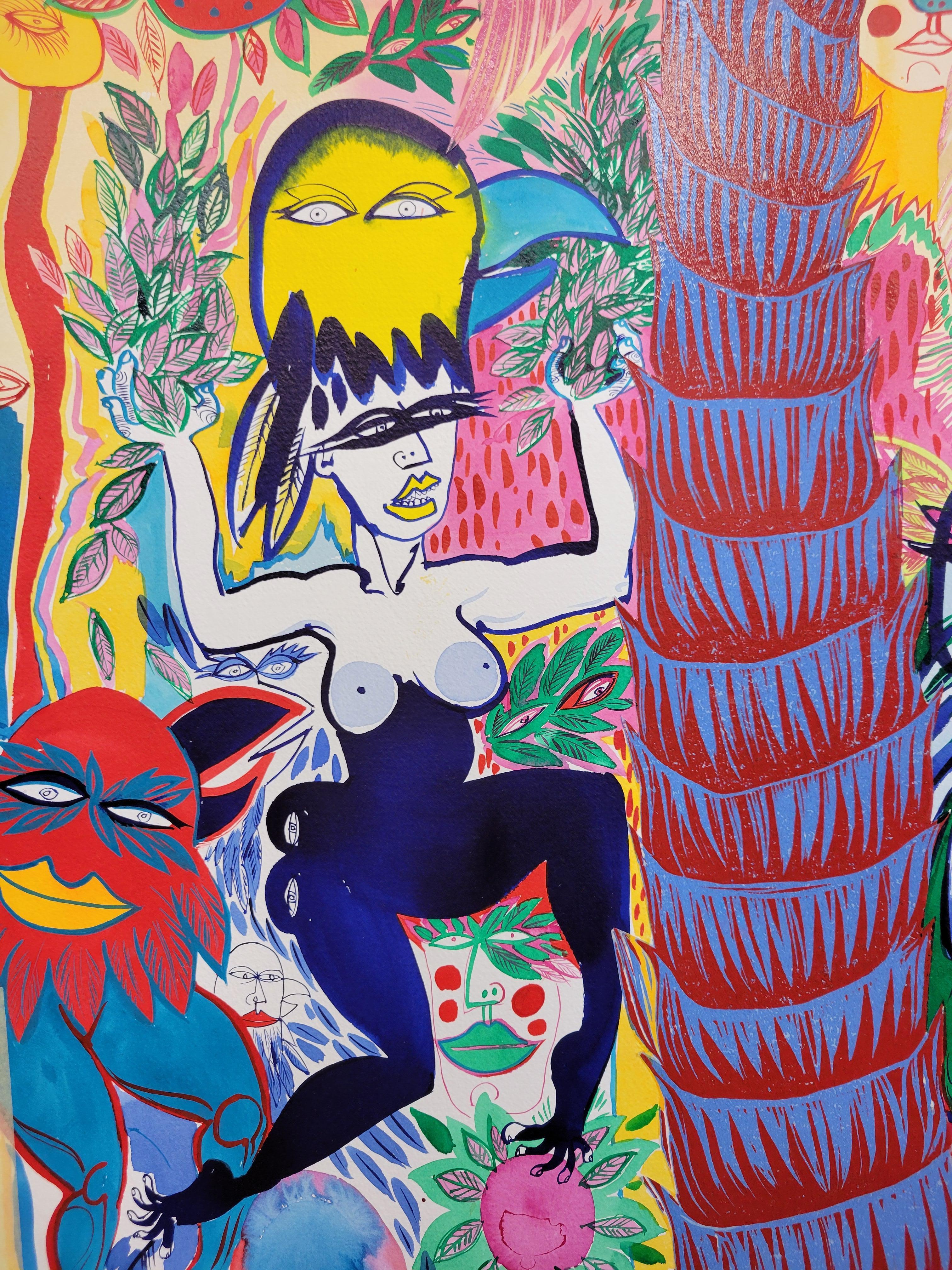 Surrealista Pintura grande Royal College of Art LGBTQ+ Femenino Mariquitas Árboles - Abstract Painting Beige de Isabel Rock