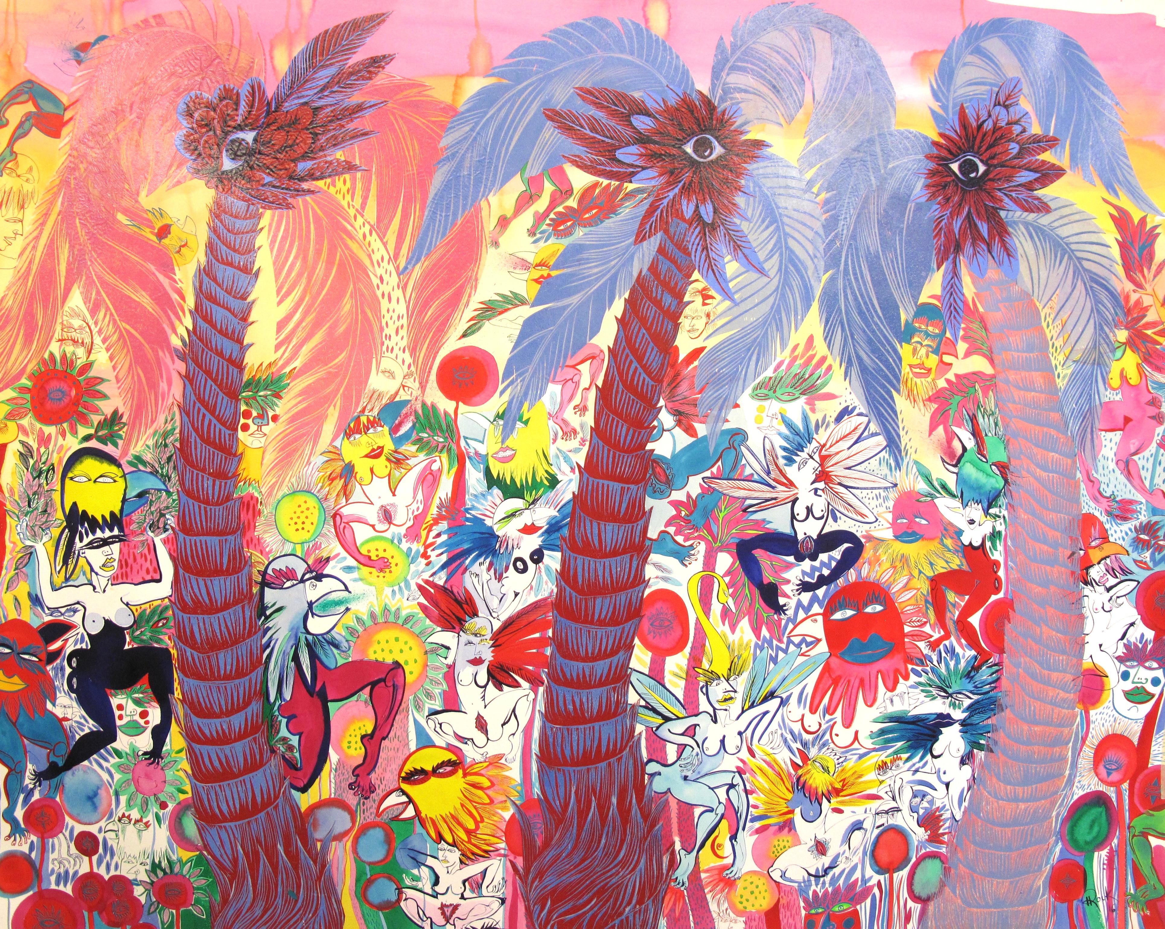 Surrealistisches großes Gemälde, Royal College of Art LGBTQ+ weibliche Ladybirds, Bäume, großes Gemälde