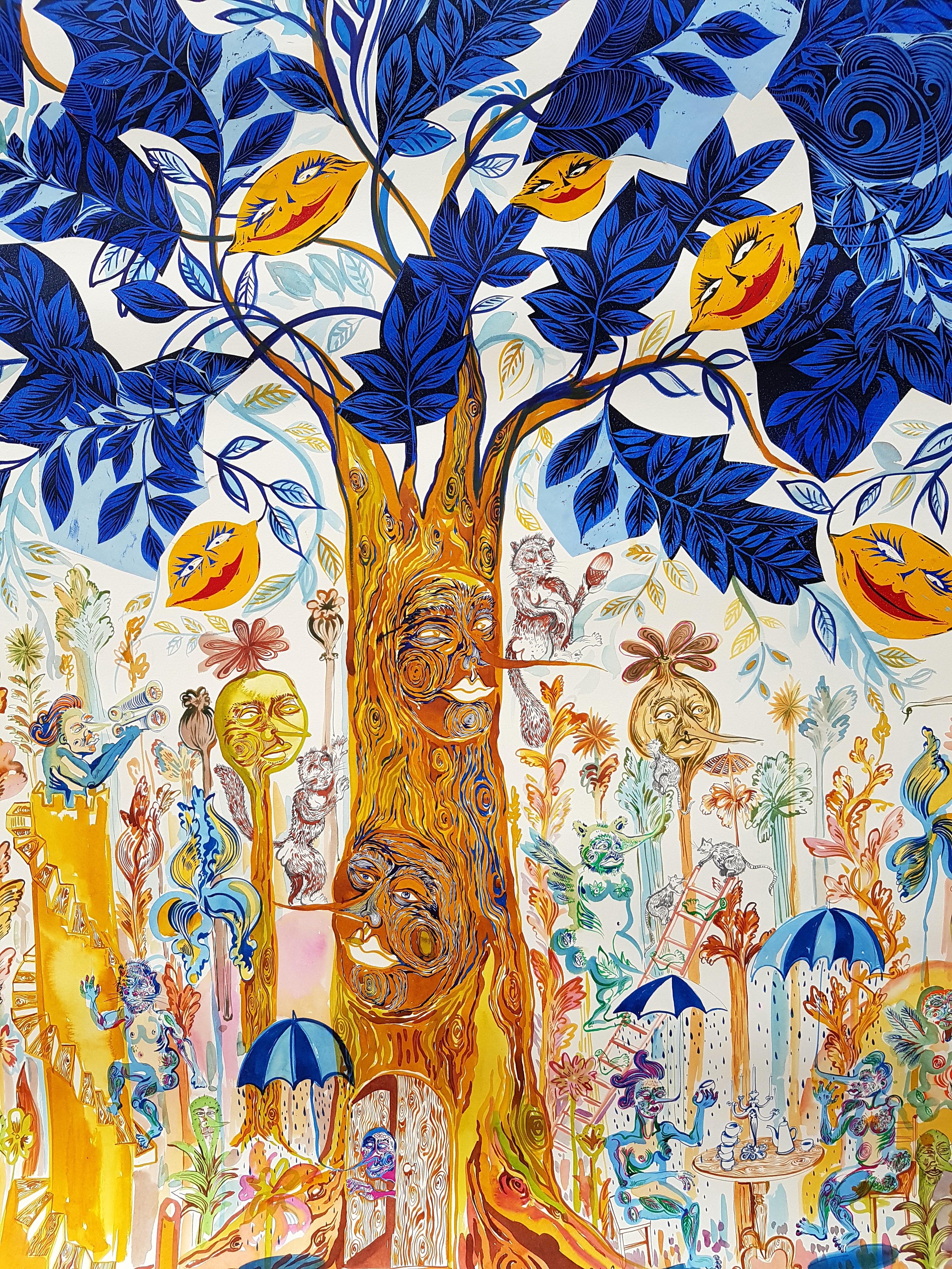 Surrealistisches großes Gemälde, Royal College of Art LGBTQ+, weiblicher Baum des Lebens, blau (Surrealismus), Painting, von Isabel Rock
