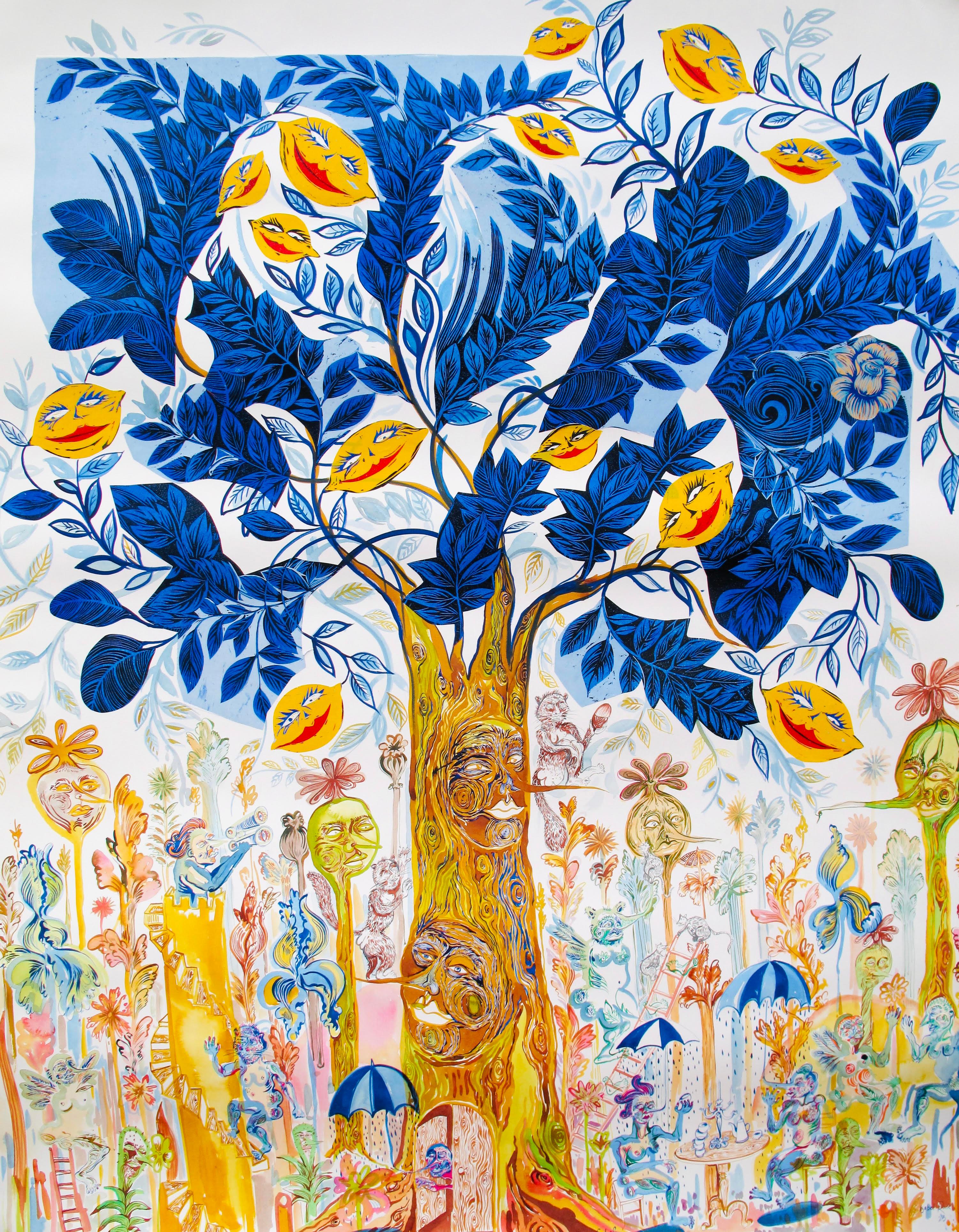 Surrealistisches großes Gemälde, Royal College of Art LGBTQ+, weiblicher Baum des Lebens, blau