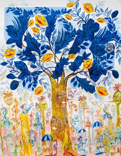 Used Surrealist Large Painting Royal College of Art LGBTQ+ Female Tree of Life Blue