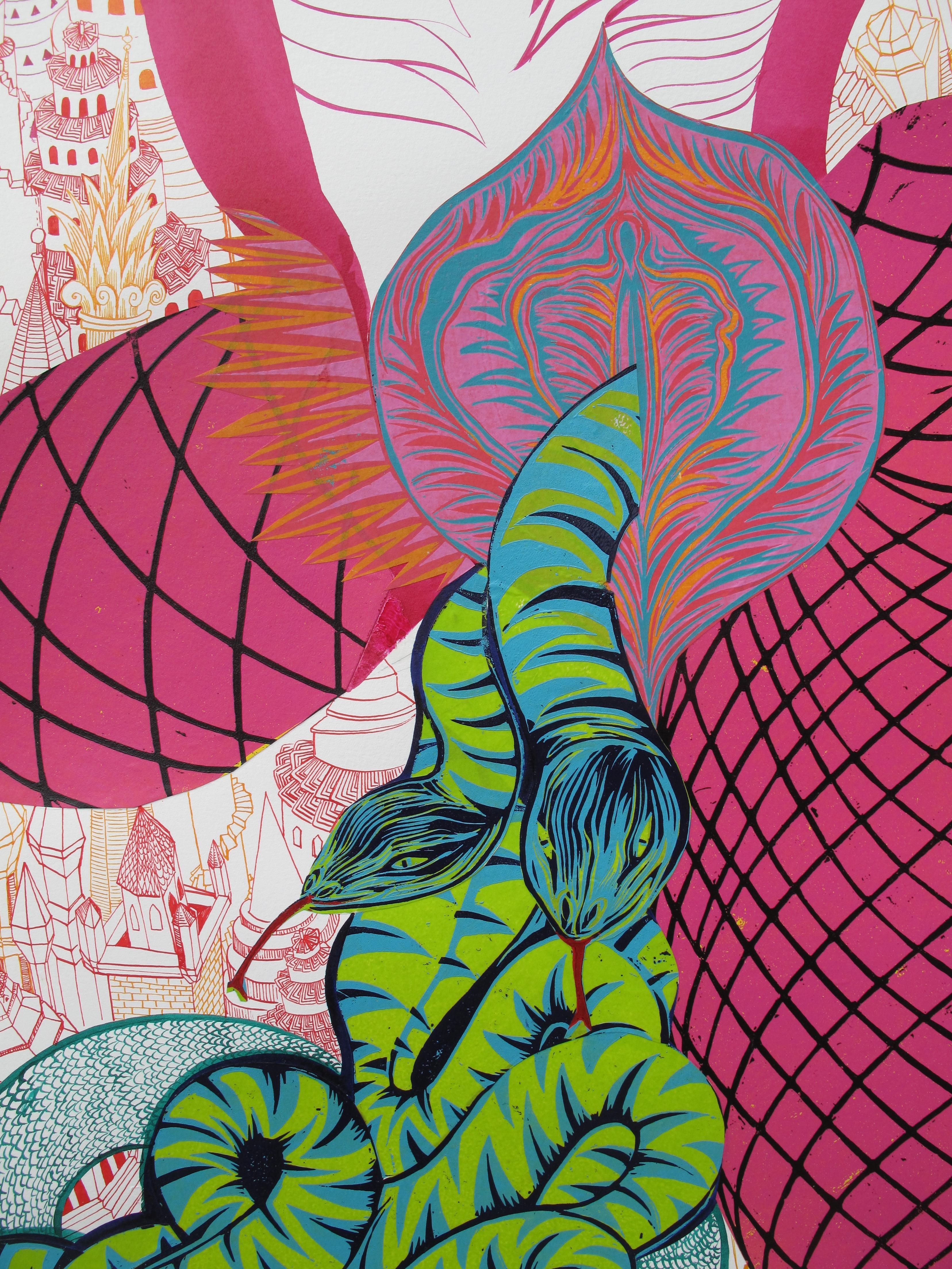 Grande peinture surréaliste Royal College of Art LGBTQ+ femmes artiste rouge vert - Gris Animal Art par Isabel Rock