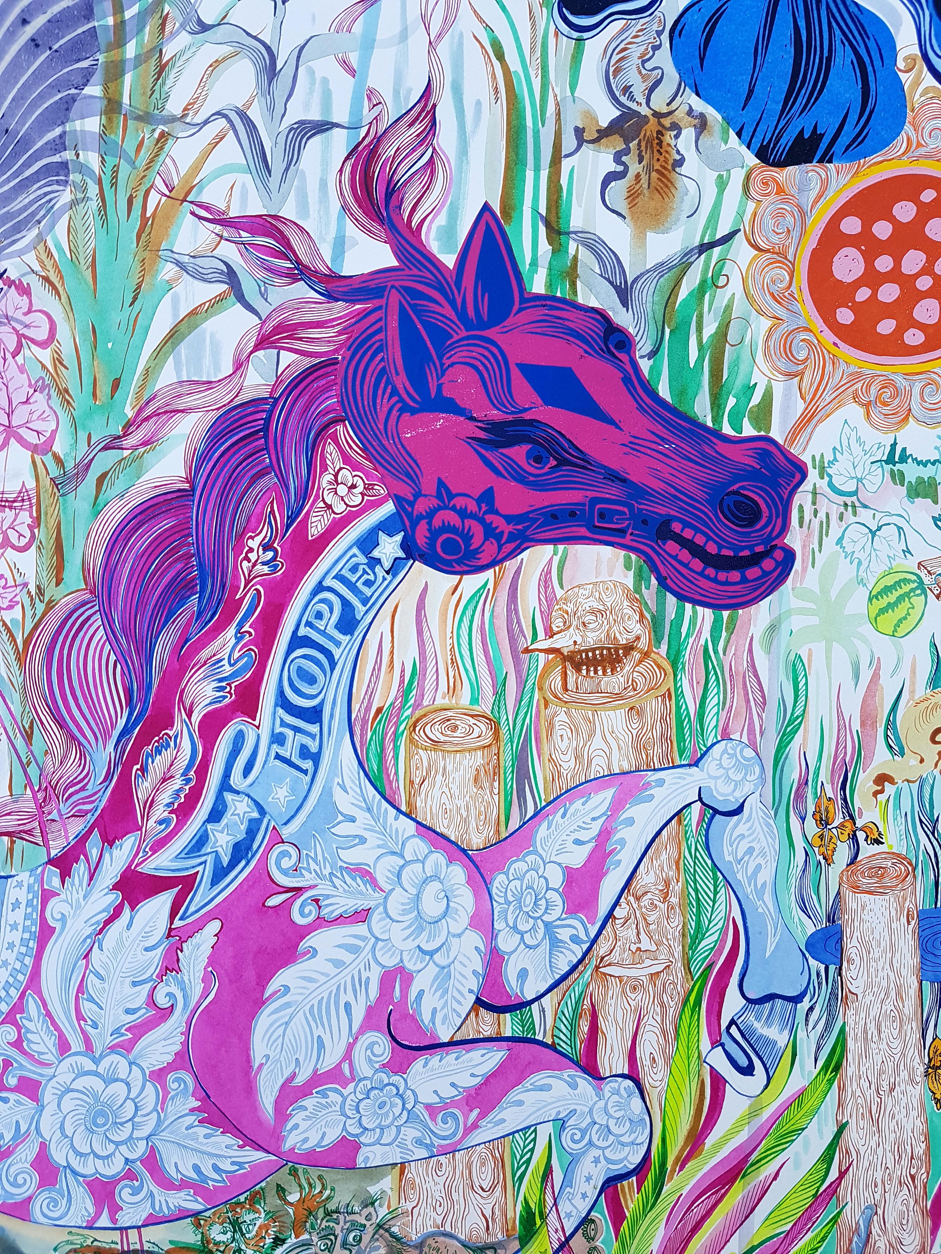  Grand tableau surréaliste Grand Royal College of Art LGBTQ+ Artiste cheval bleu rose - Painting de Isabel Rock