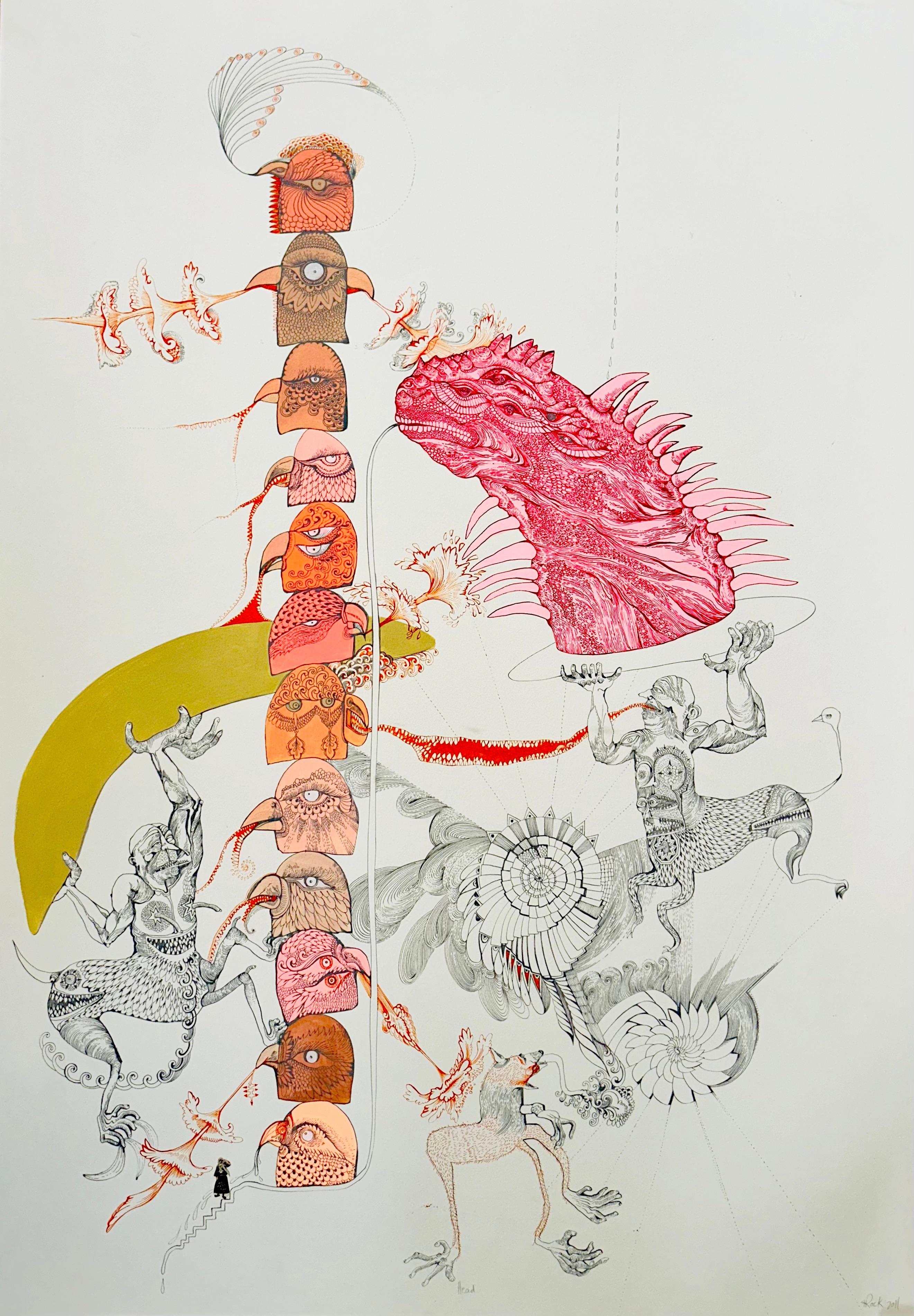 Figurative Art Isabel Rock - Peinture surréaliste Royal College Art LGBTQ+ Têtes d'artistes féminines roses et orange