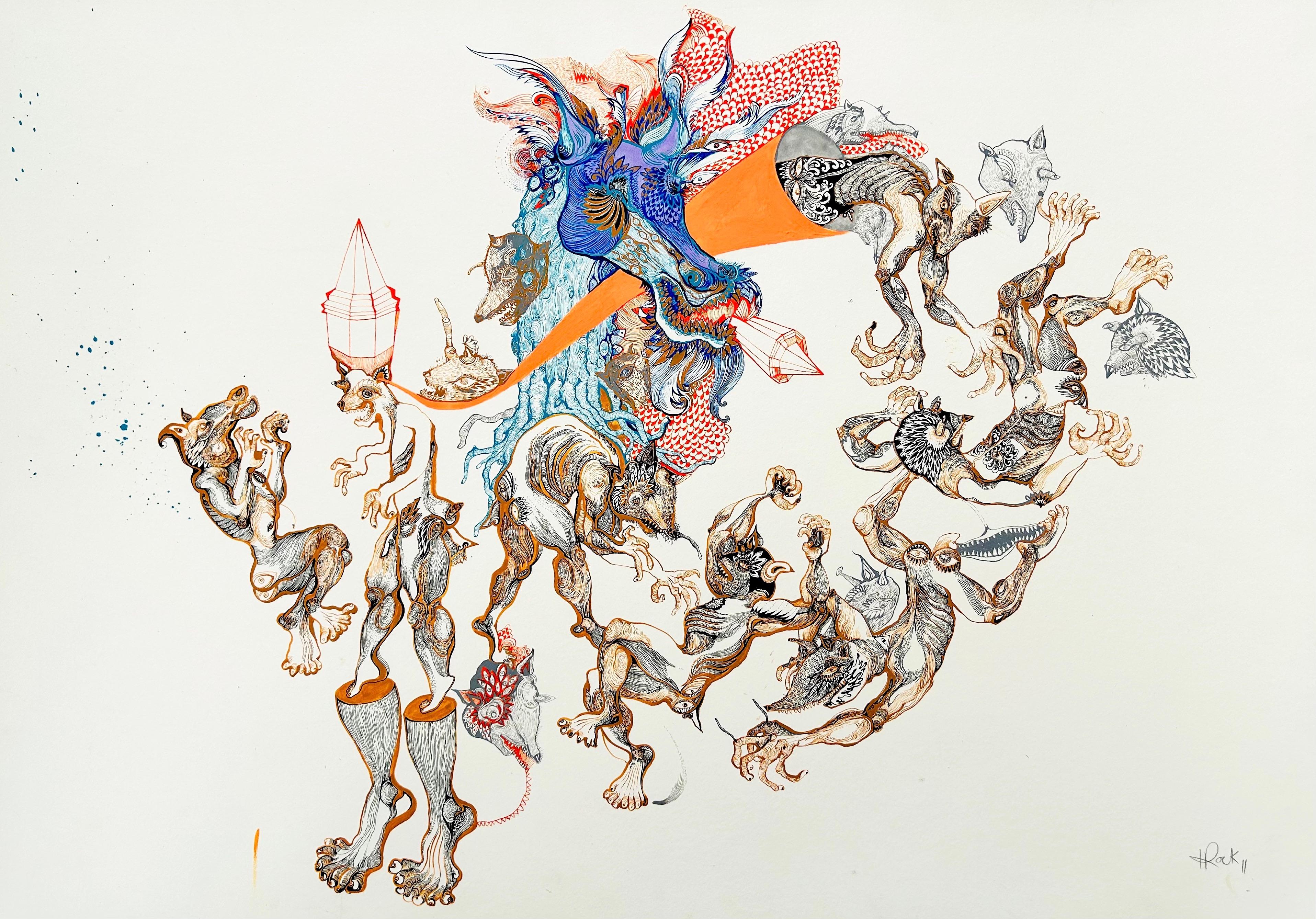  Surrealistisches Gemälde Royal College Kunst LGBTQ+ weibliche Künstlerin Rodeo in Orange und Blau