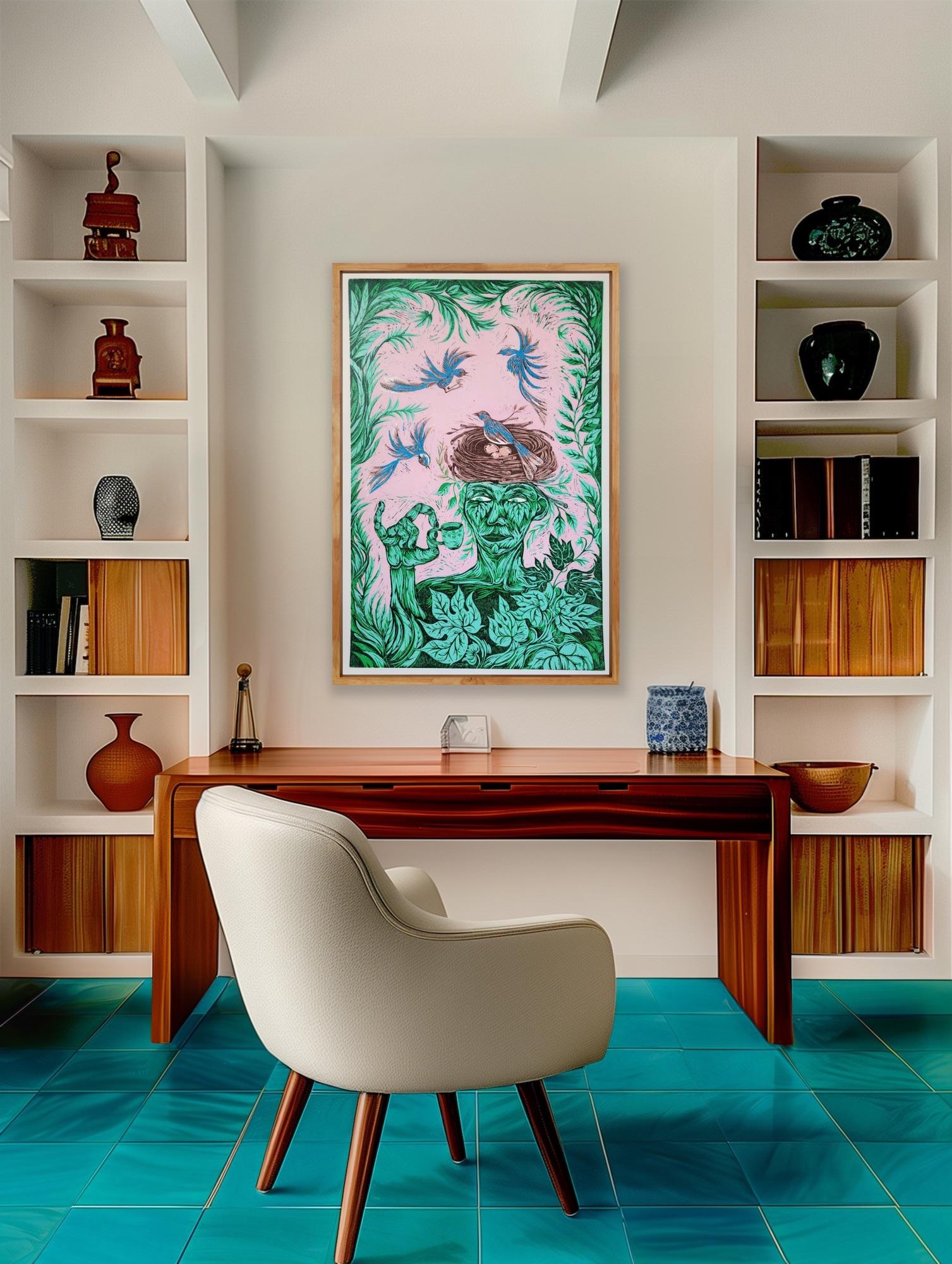 Stampa surrealista su blocco di legno Royal College of Art LGBTQ+ Donna Blue Green Birds in vendita 8