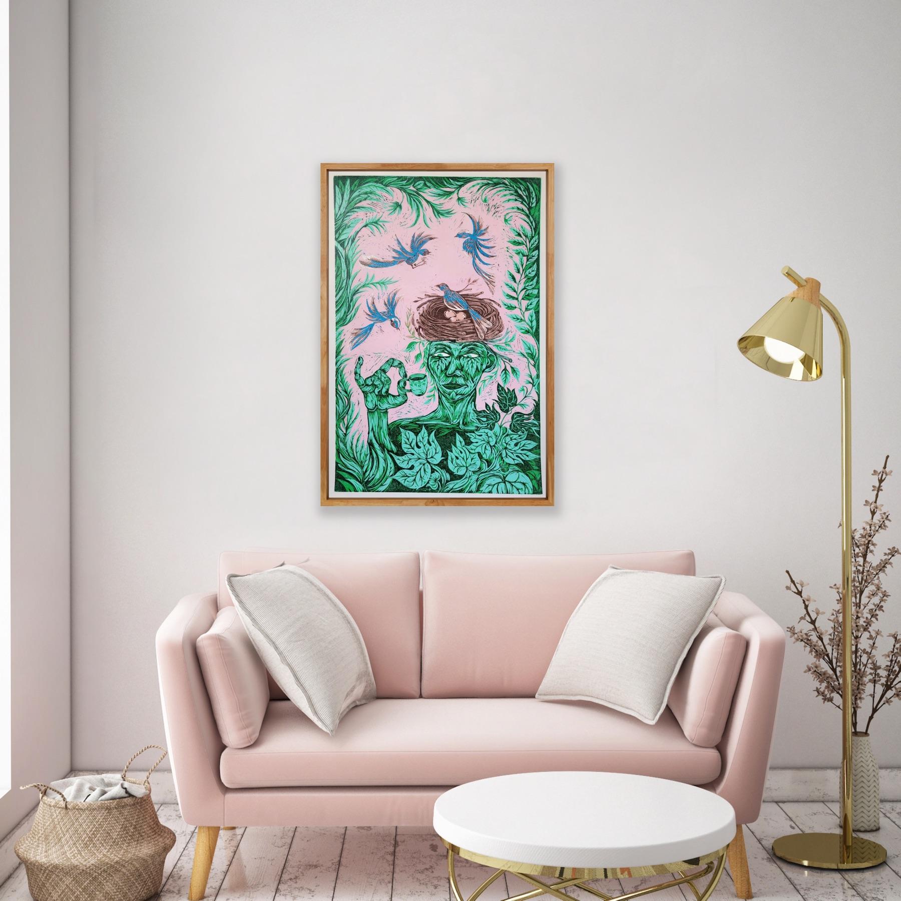Stampa surrealista su blocco di legno Royal College of Art LGBTQ+ Donna Blue Green Birds in vendita 9