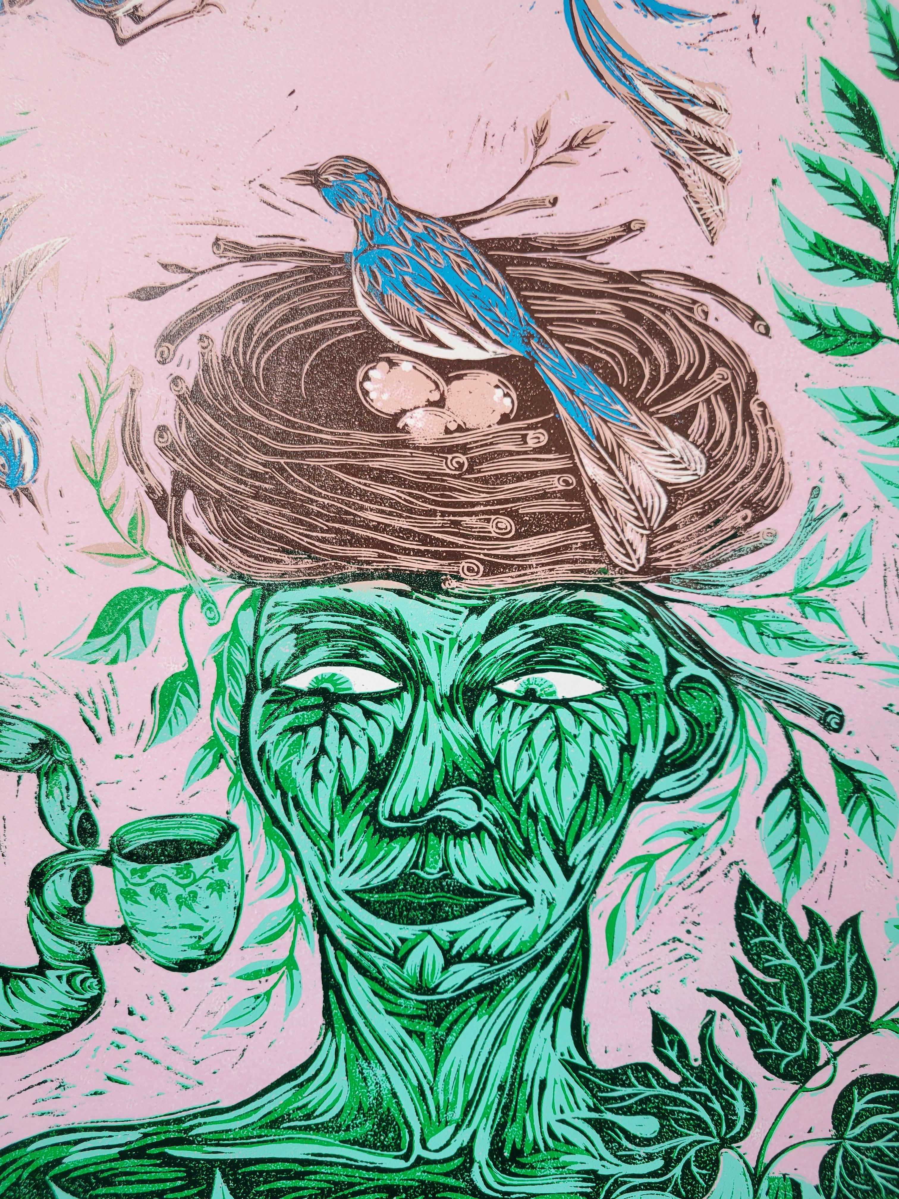 Stampa surrealista su blocco di legno Royal College of Art LGBTQ+ Donna Blue Green Birds - Print di Isabel Rock