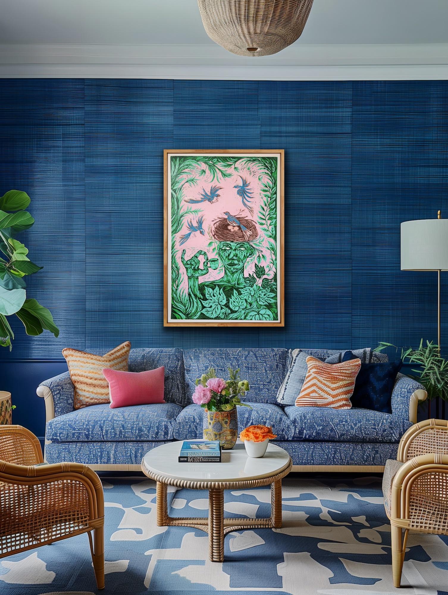Stampa surrealista su blocco di legno Royal College of Art LGBTQ+ Donna Blue Green Birds - Print Surrealismo di Isabel Rock