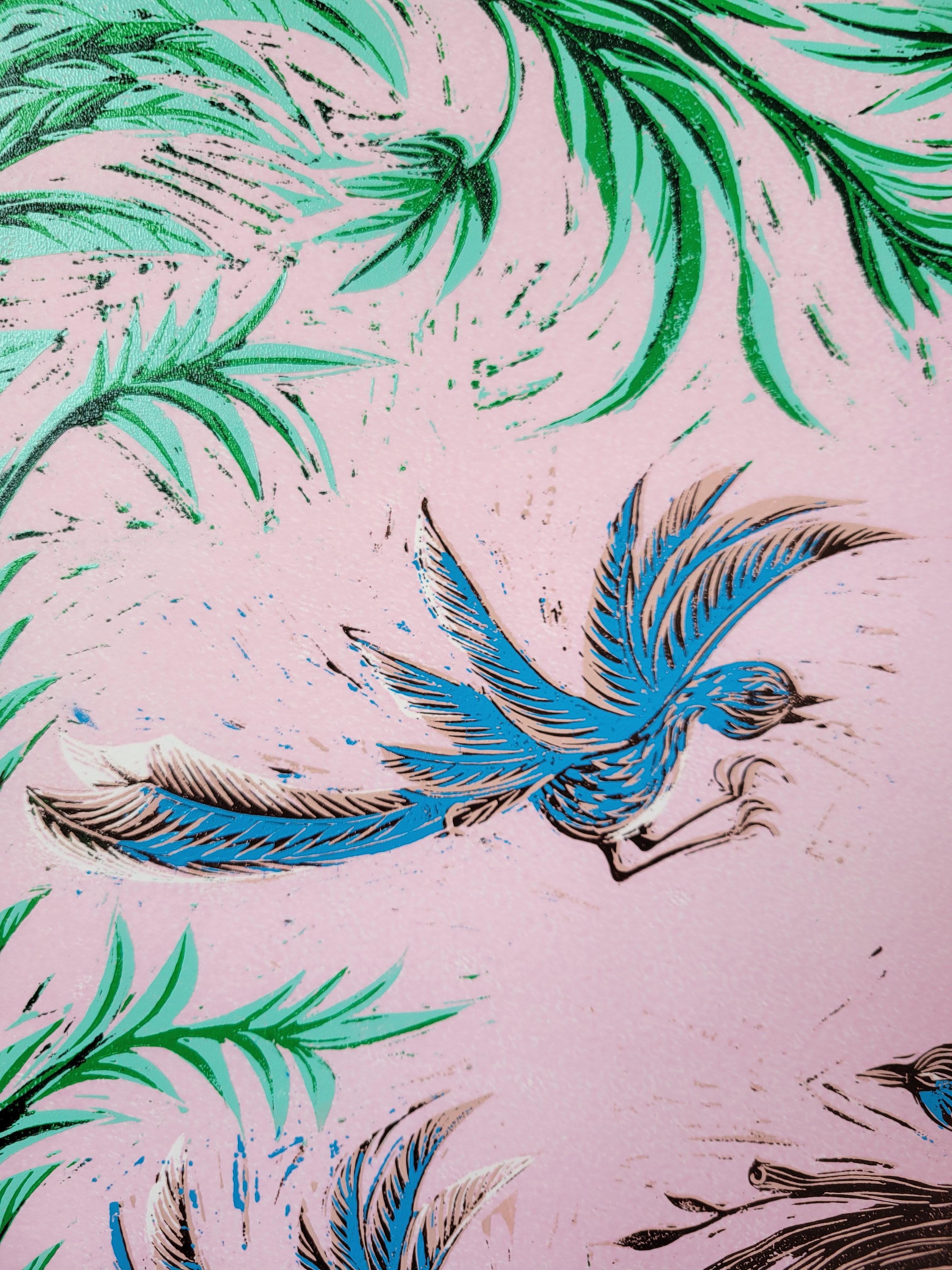 Stampa surrealista su blocco di legno Royal College of Art LGBTQ+ Donna Blue Green Birds in vendita 1