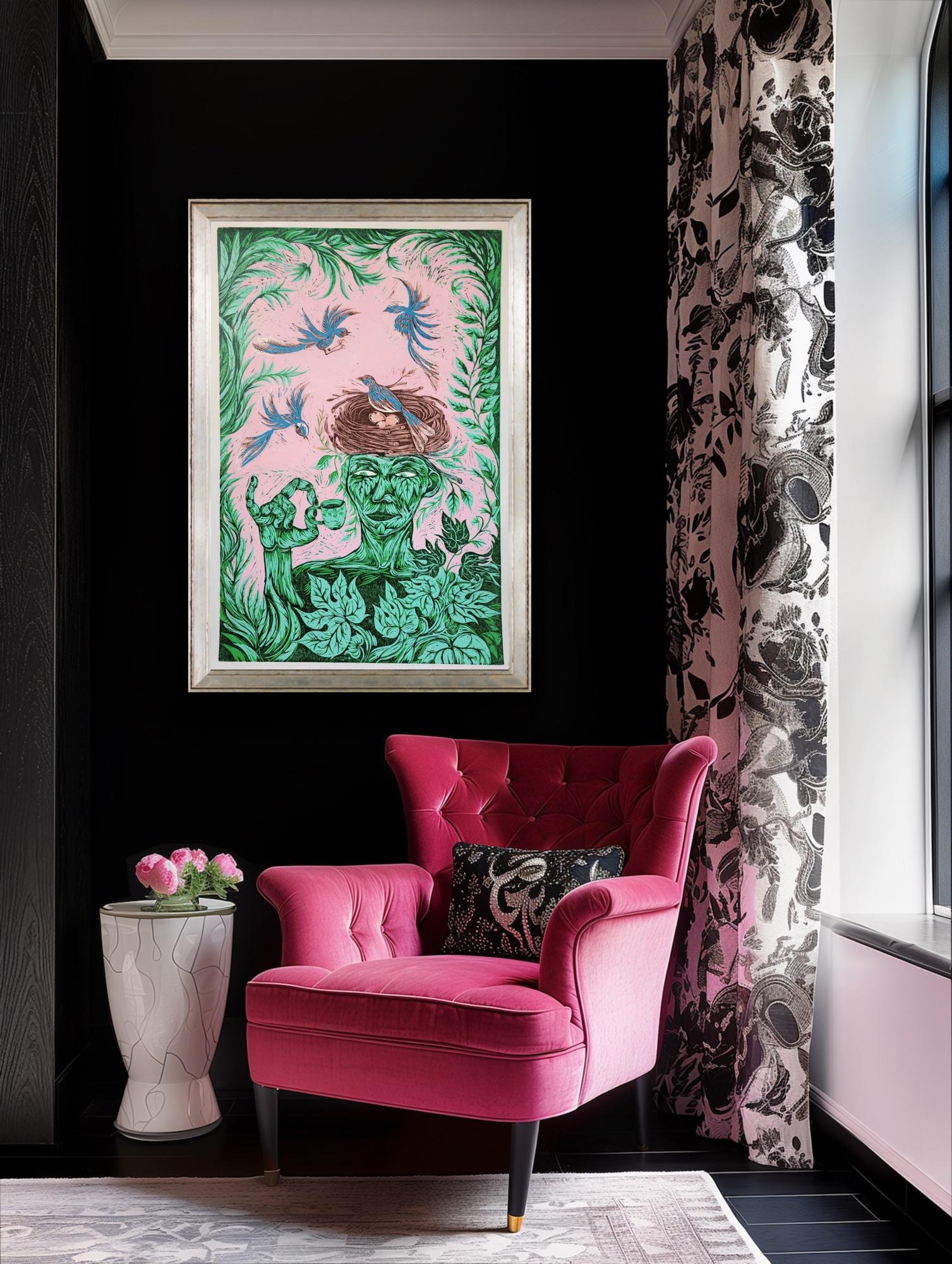 Stampa surrealista su blocco di legno Royal College of Art LGBTQ+ Donna Blue Green Birds in vendita 2
