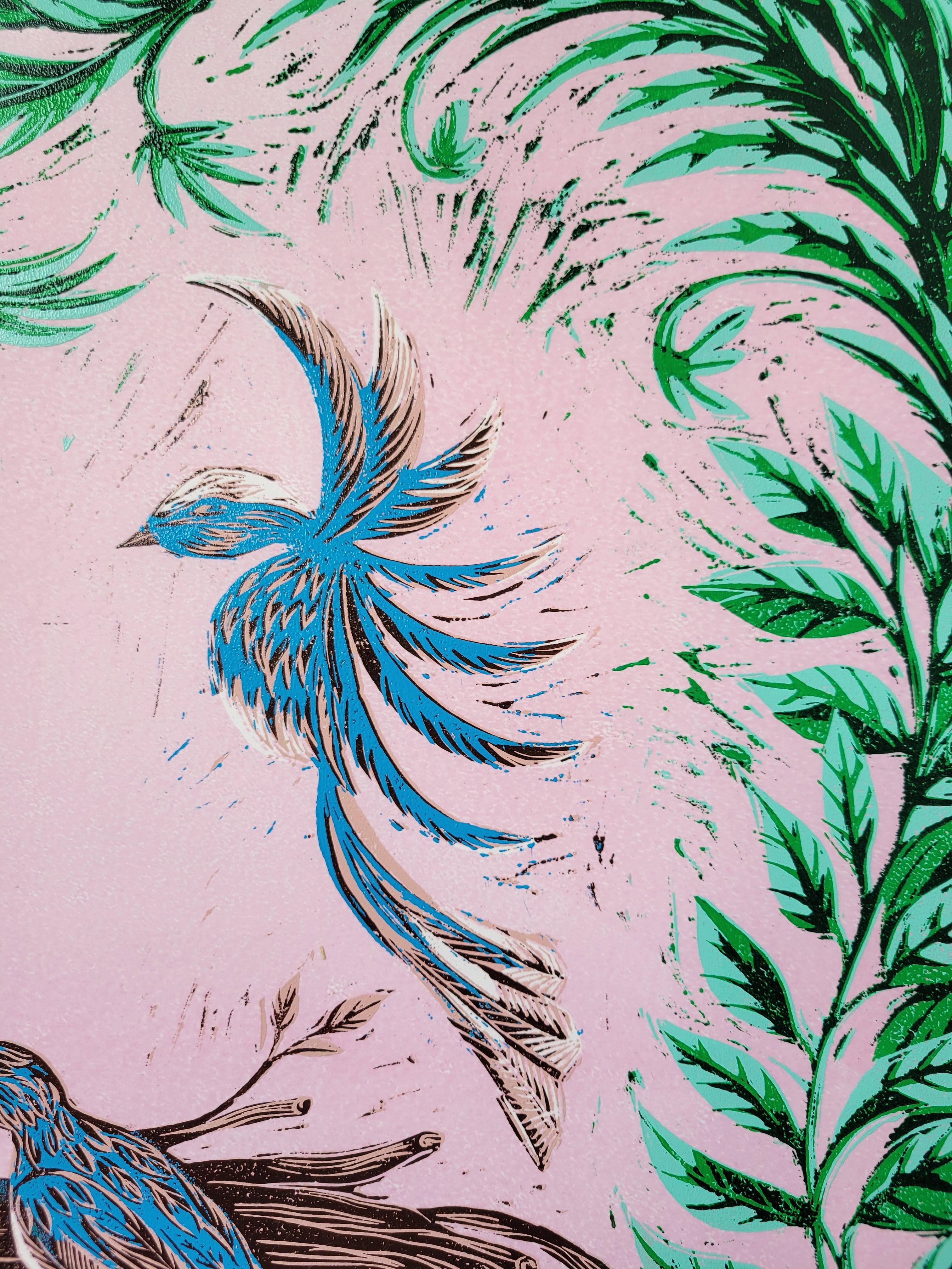 Stampa surrealista su blocco di legno Royal College of Art LGBTQ+ Donna Blue Green Birds in vendita 3
