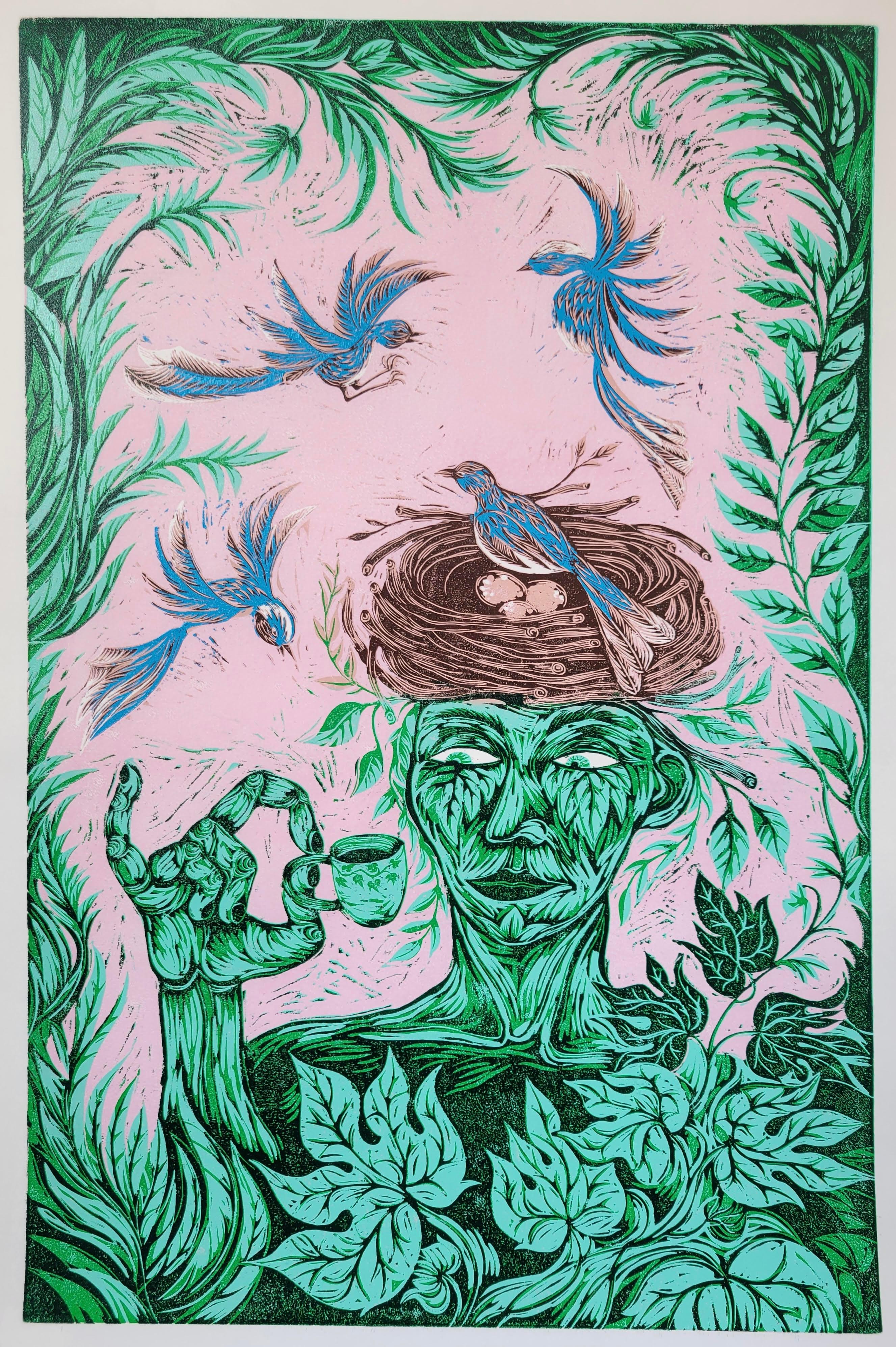 Stampa surrealista su blocco di legno Royal College of Art LGBTQ+ Donna Blue Green Birds